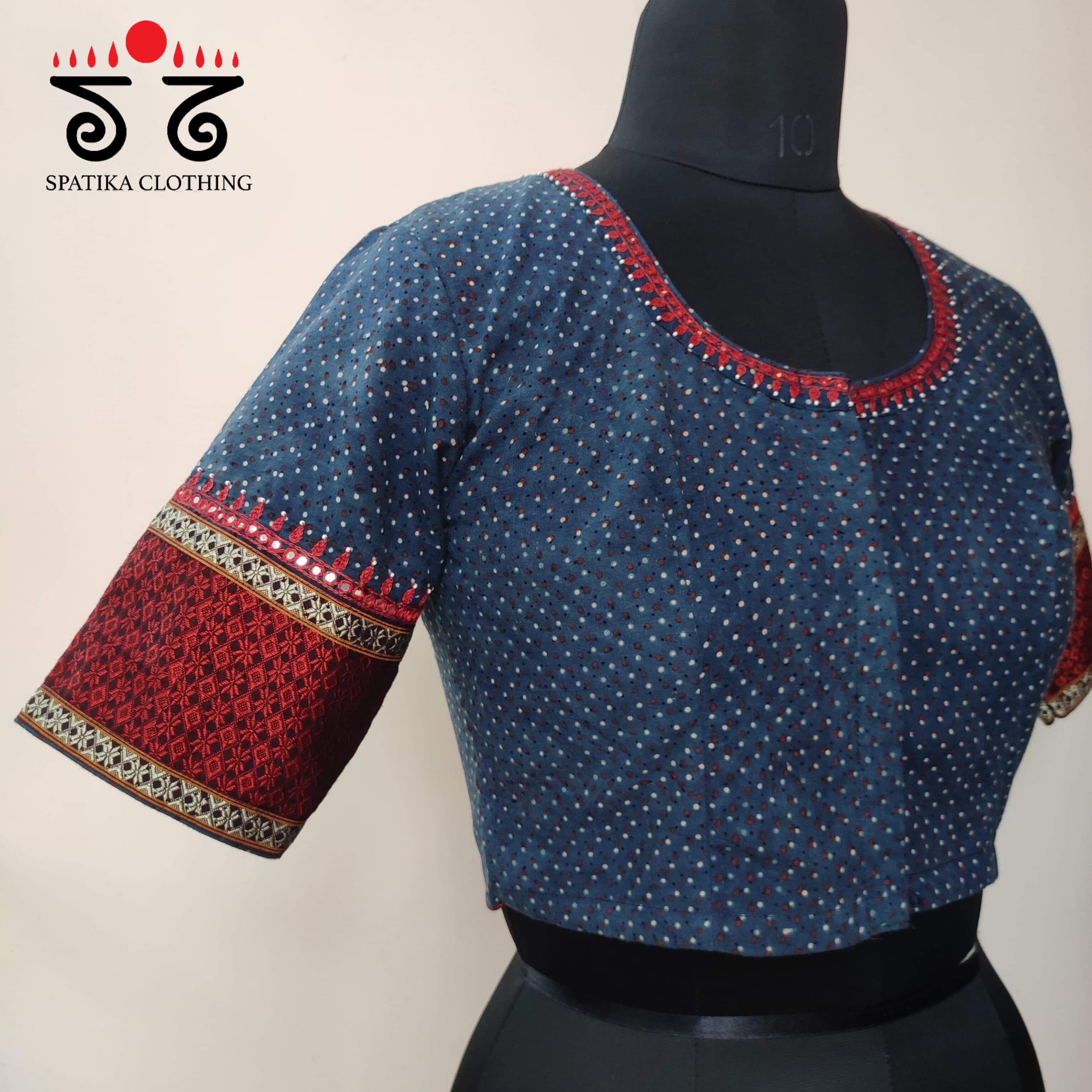 Blue & Red Ajrak Khun Handembroidered Blouse