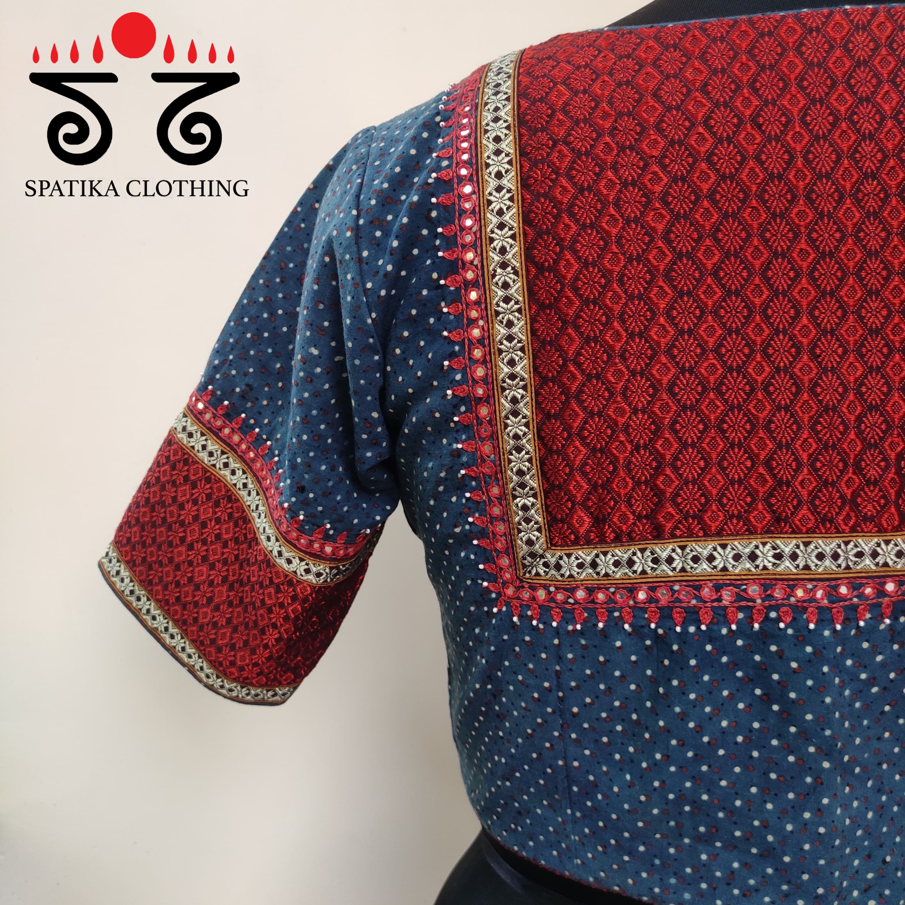 Blue & Red Ajrak Khun Handembroidered Blouse