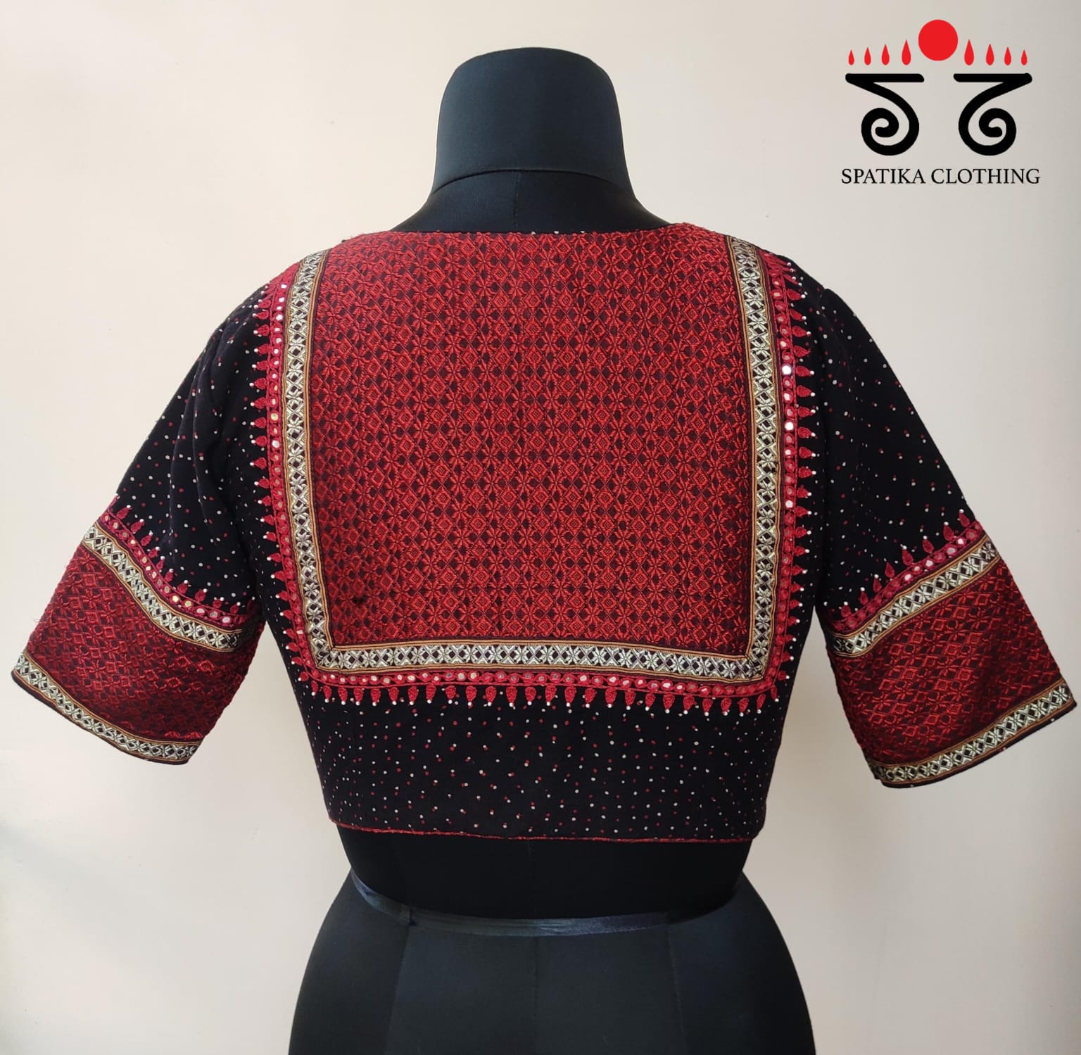 Black & Red Ajrak Khun Handembroidered Blouse