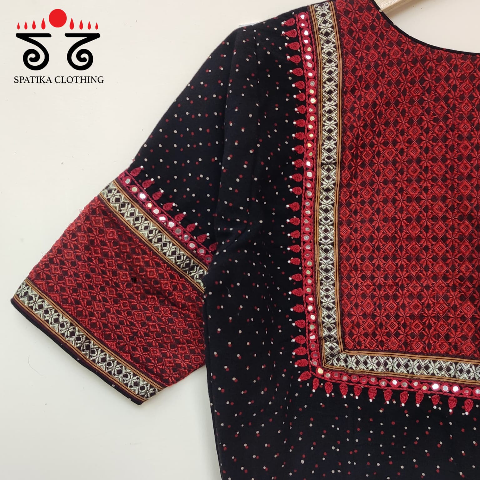 Black & Red Ajrak Khun Handembroidered Blouse