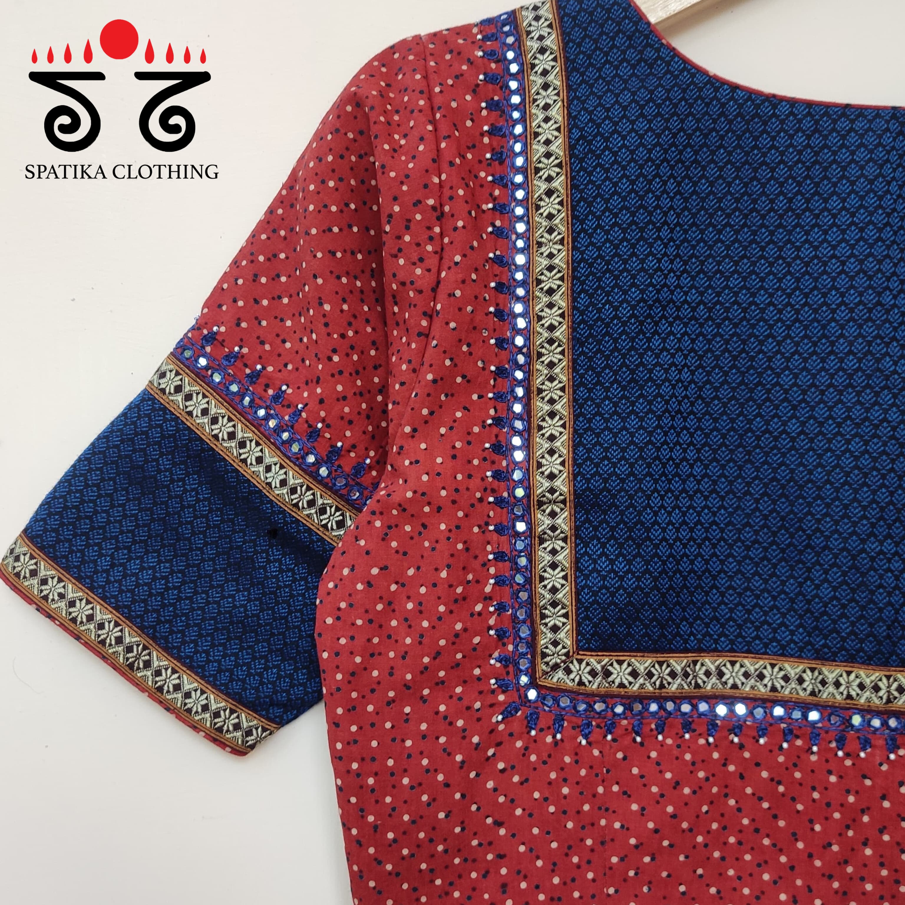 Red & Blue Ajrak Khun Handembroidered Blouse