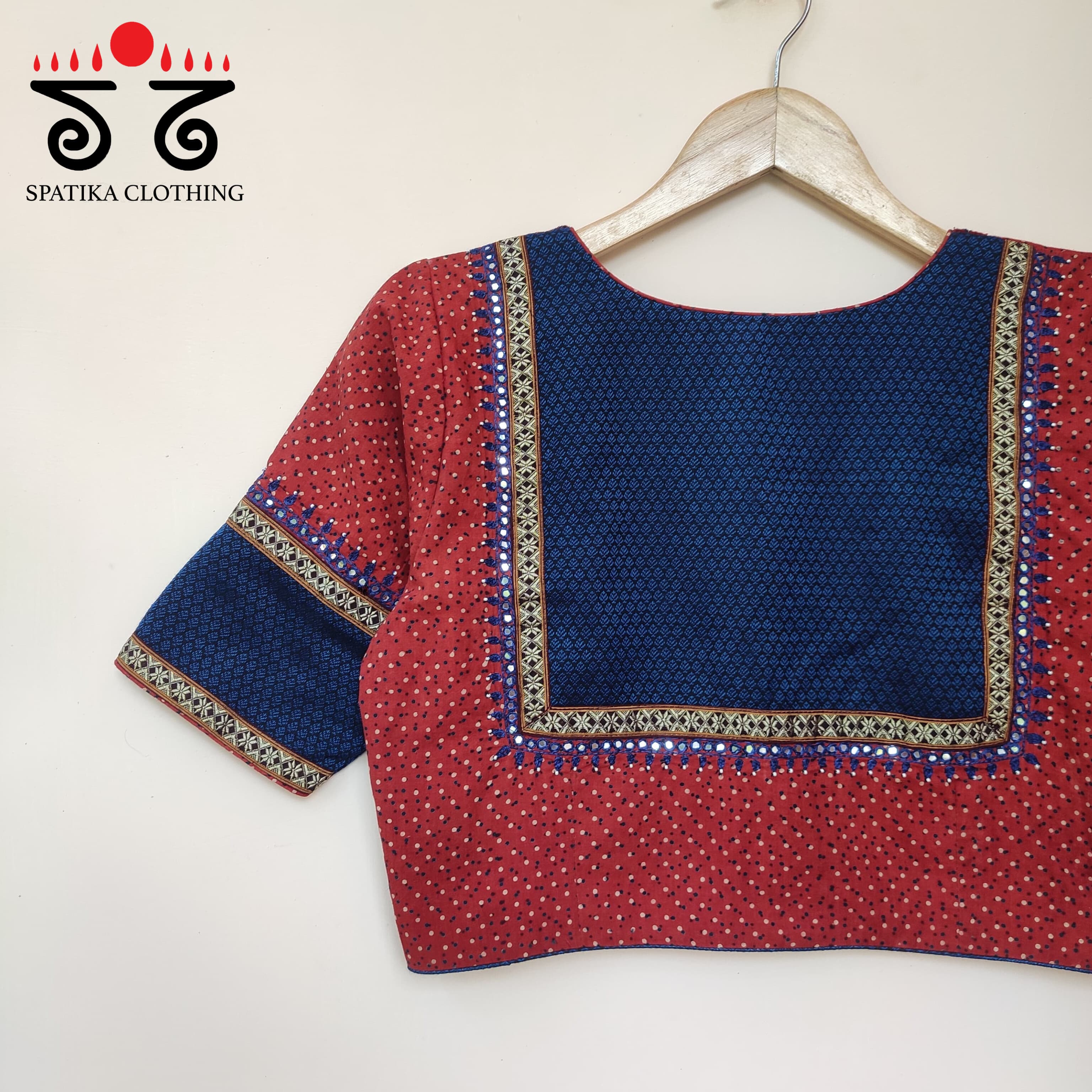 Red & Blue Ajrak Khun Handembroidered Blouse