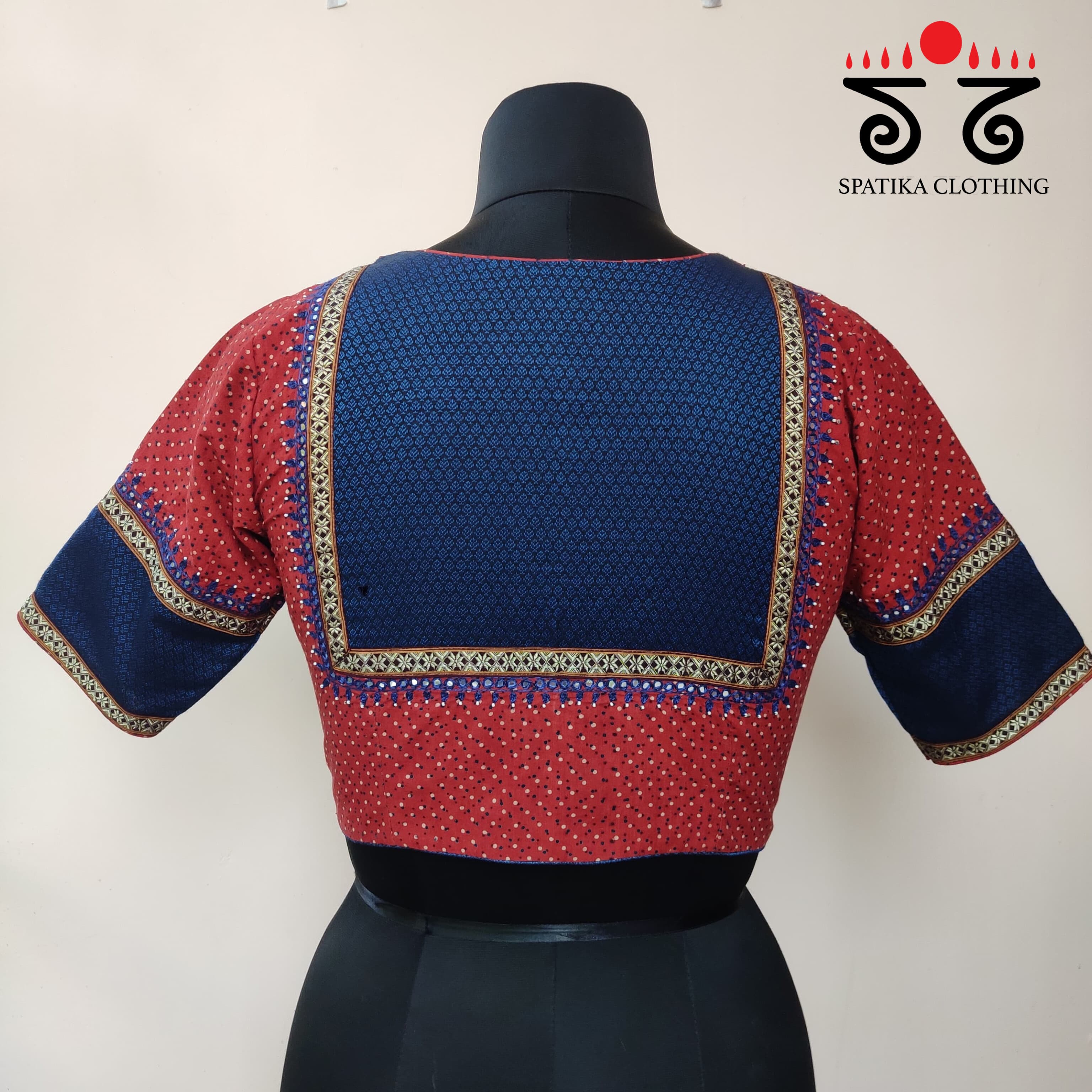 Red & Blue Ajrak Khun Handembroidered Blouse