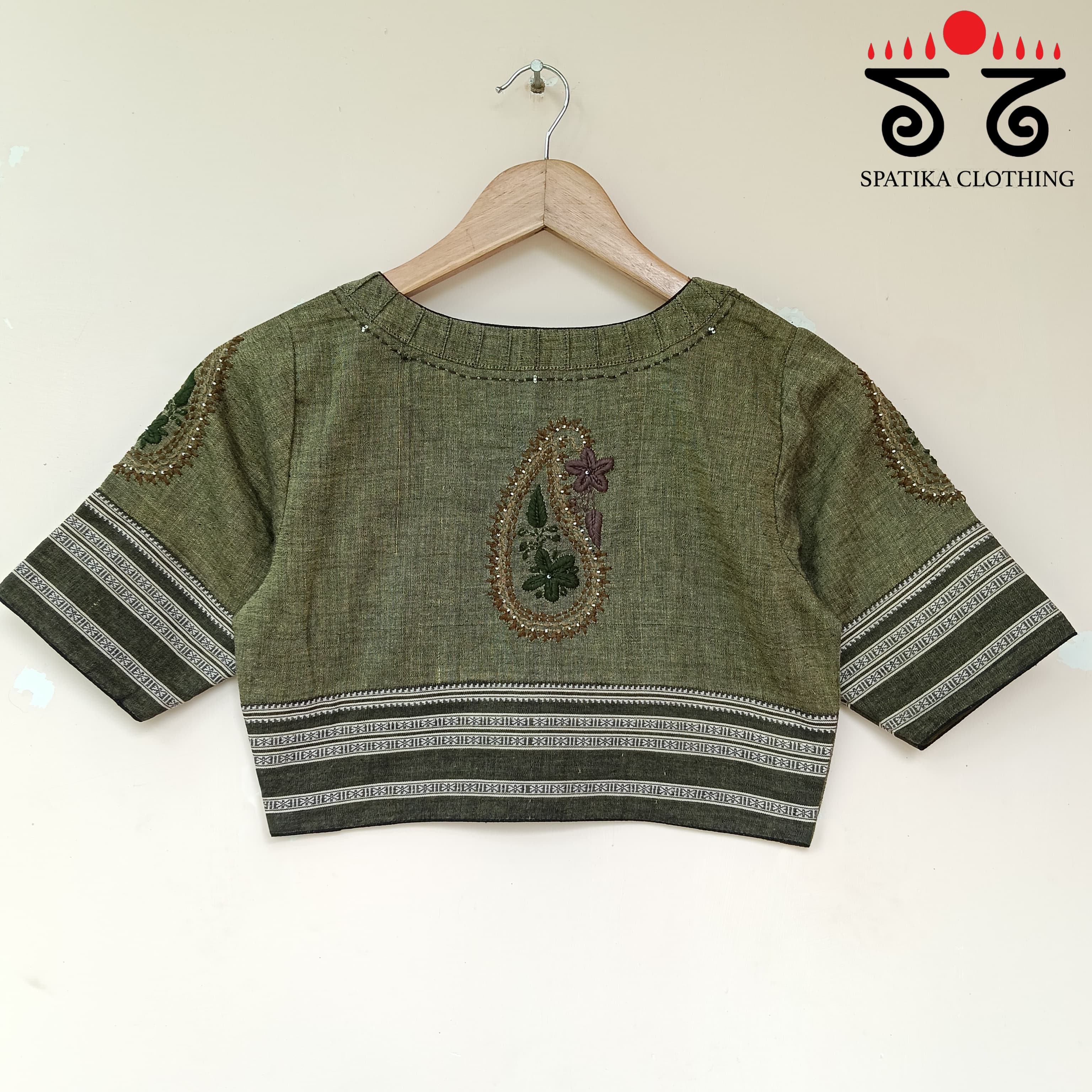 Chikankari Dark Green & Grey Hand - Embroidered Blouse