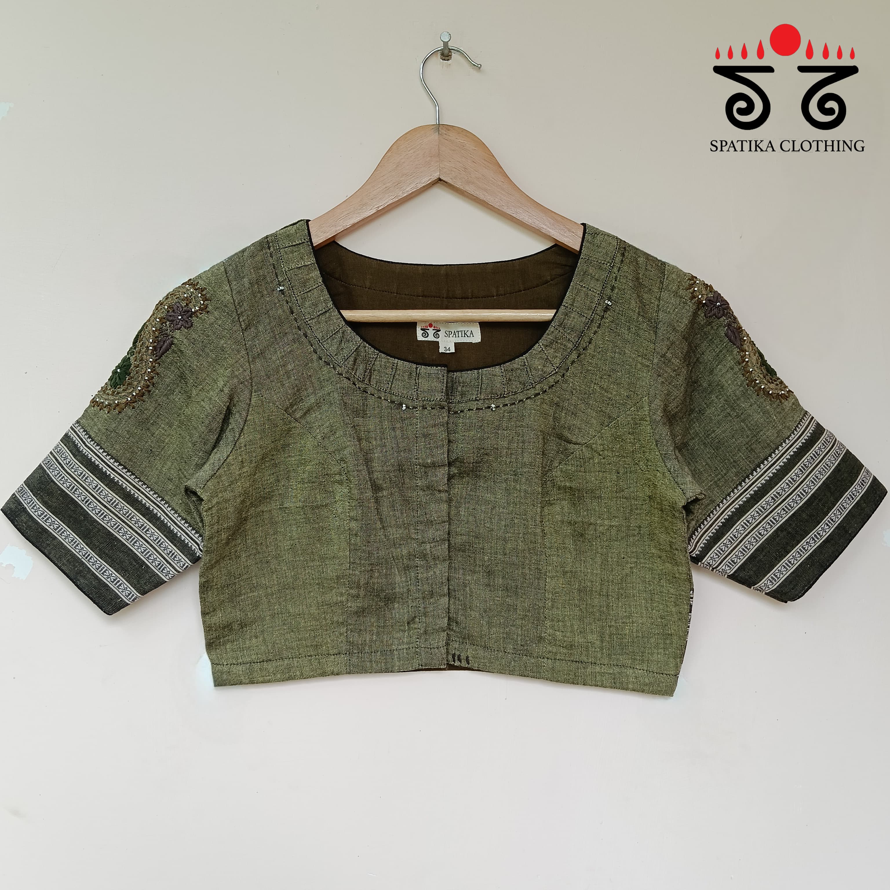 Chikankari Dark Green & Grey Hand - Embroidered Blouse
