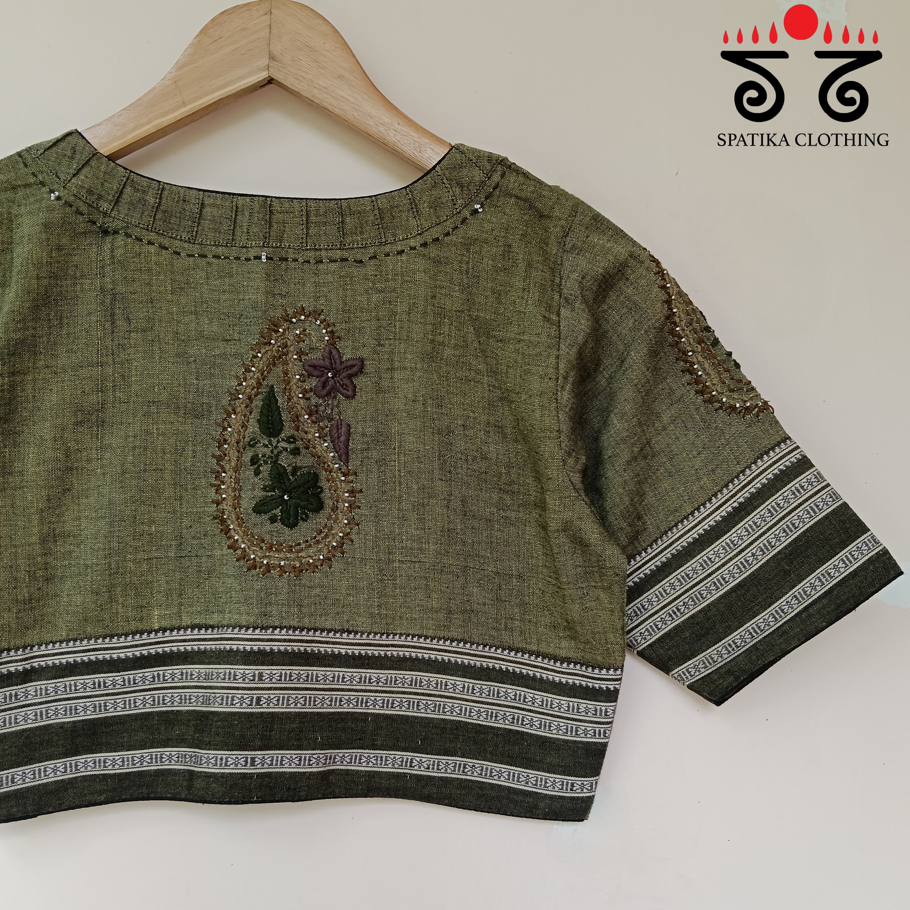 Chikankari Dark Green & Grey Hand - Embroidered Blouse