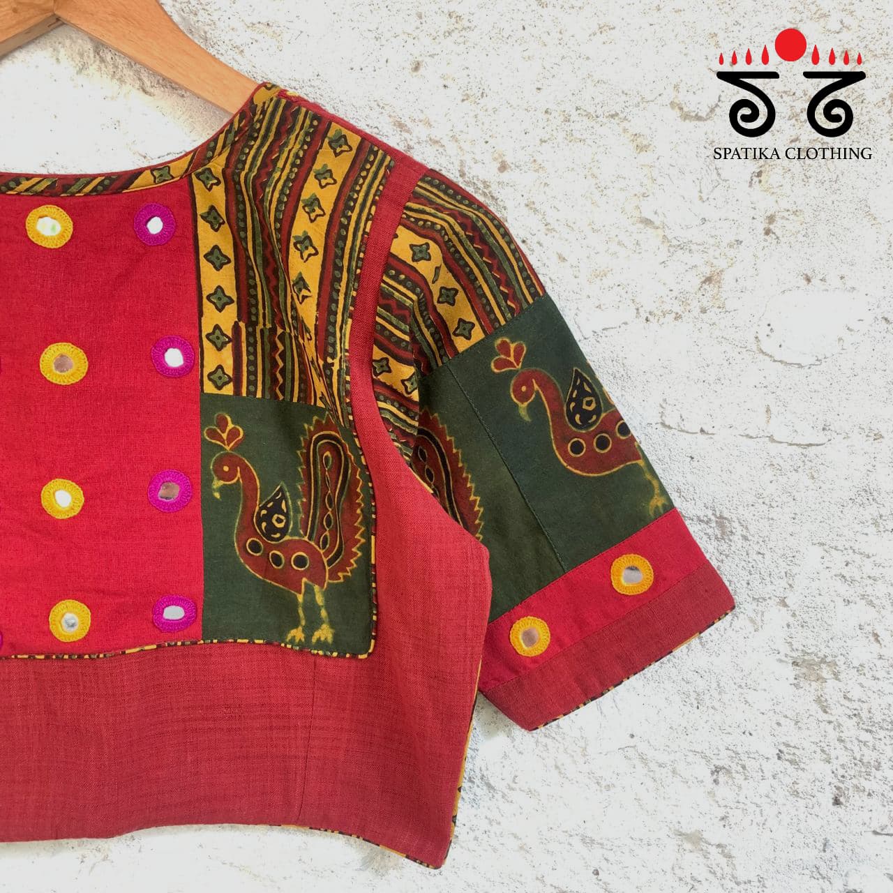 The Morni - Red, Green & Yellow Mirror work  Blouse