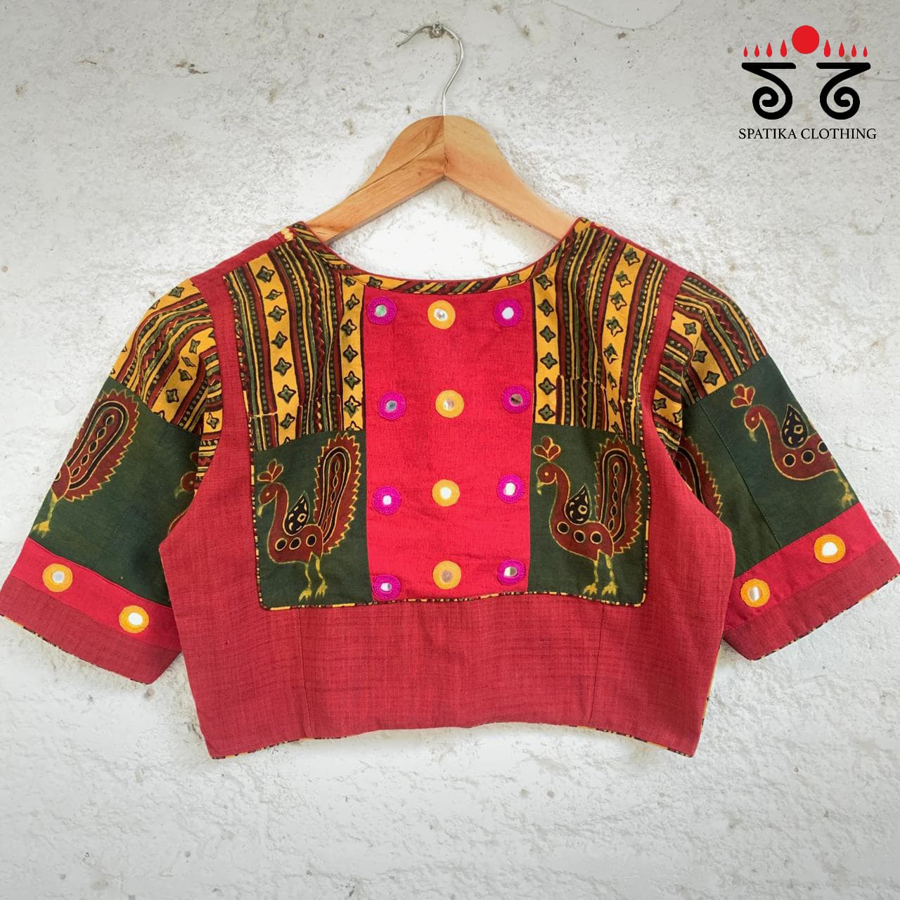The Morni - Red, Green & Yellow Mirror work  Blouse