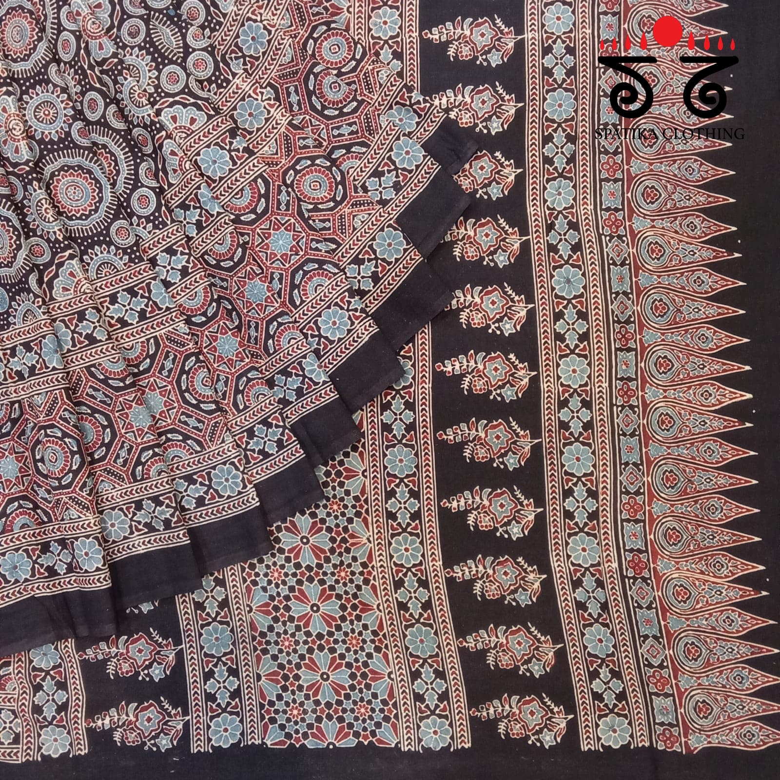 Ajrakh Handblock Print on Black Mulmul Cotton Saree