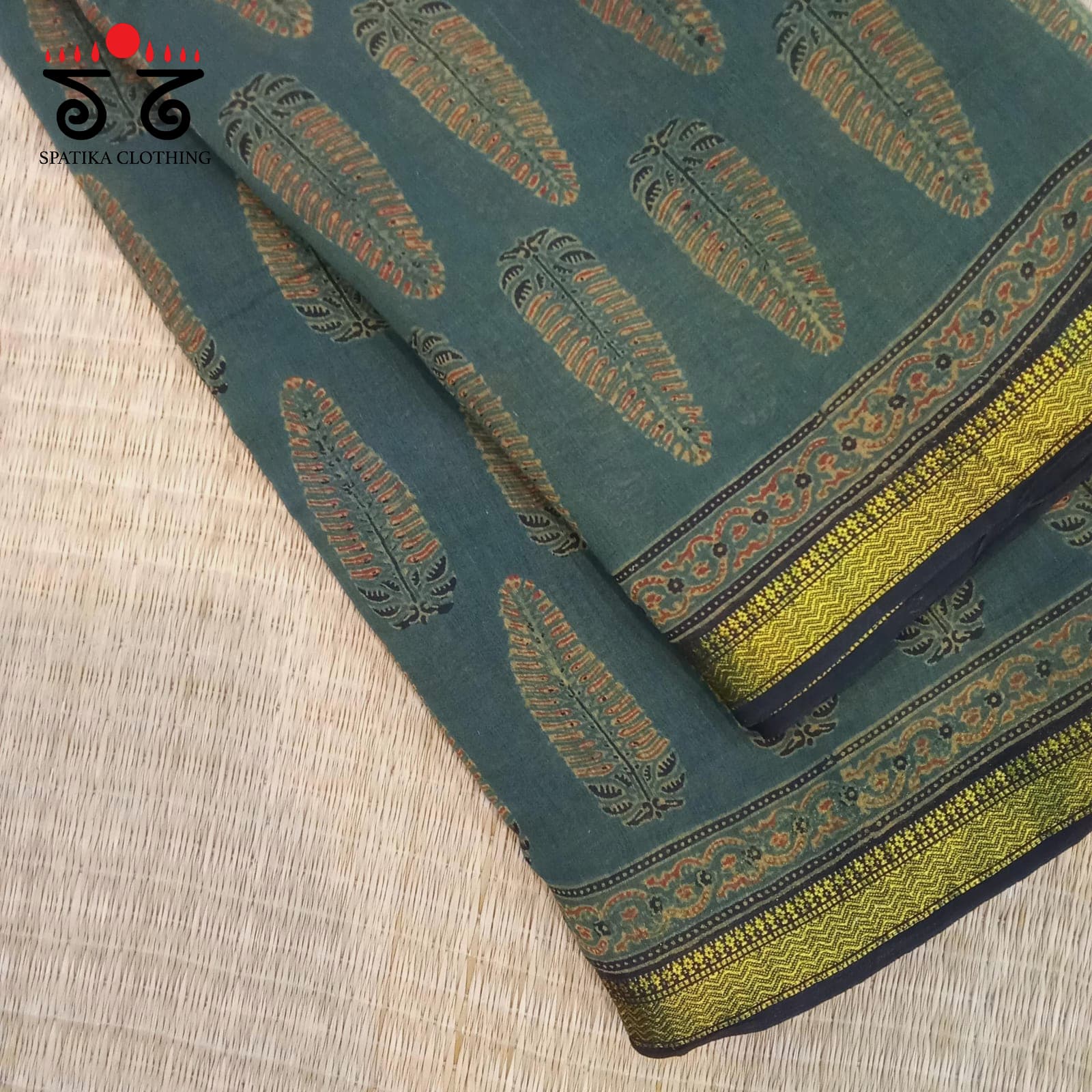 Ajrak Handblock Print on Dark Green Silk Cotton Saree