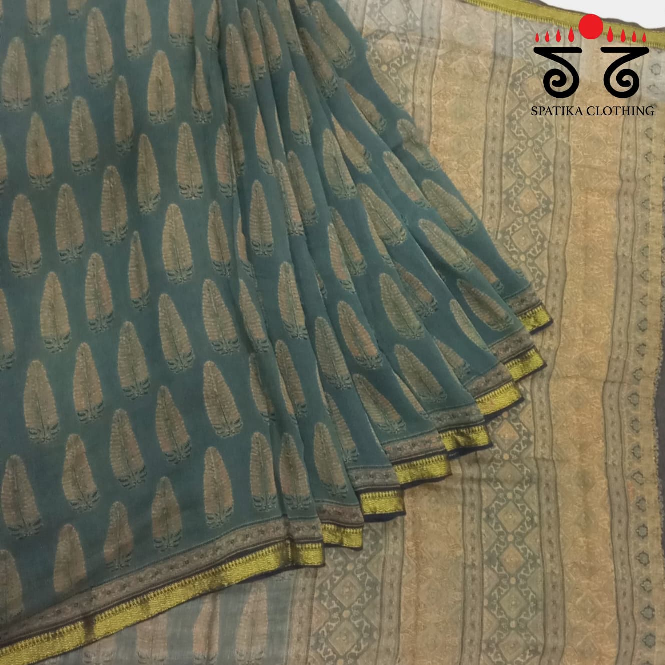Ajrak Handblock Print on Dark Green Silk Cotton Saree