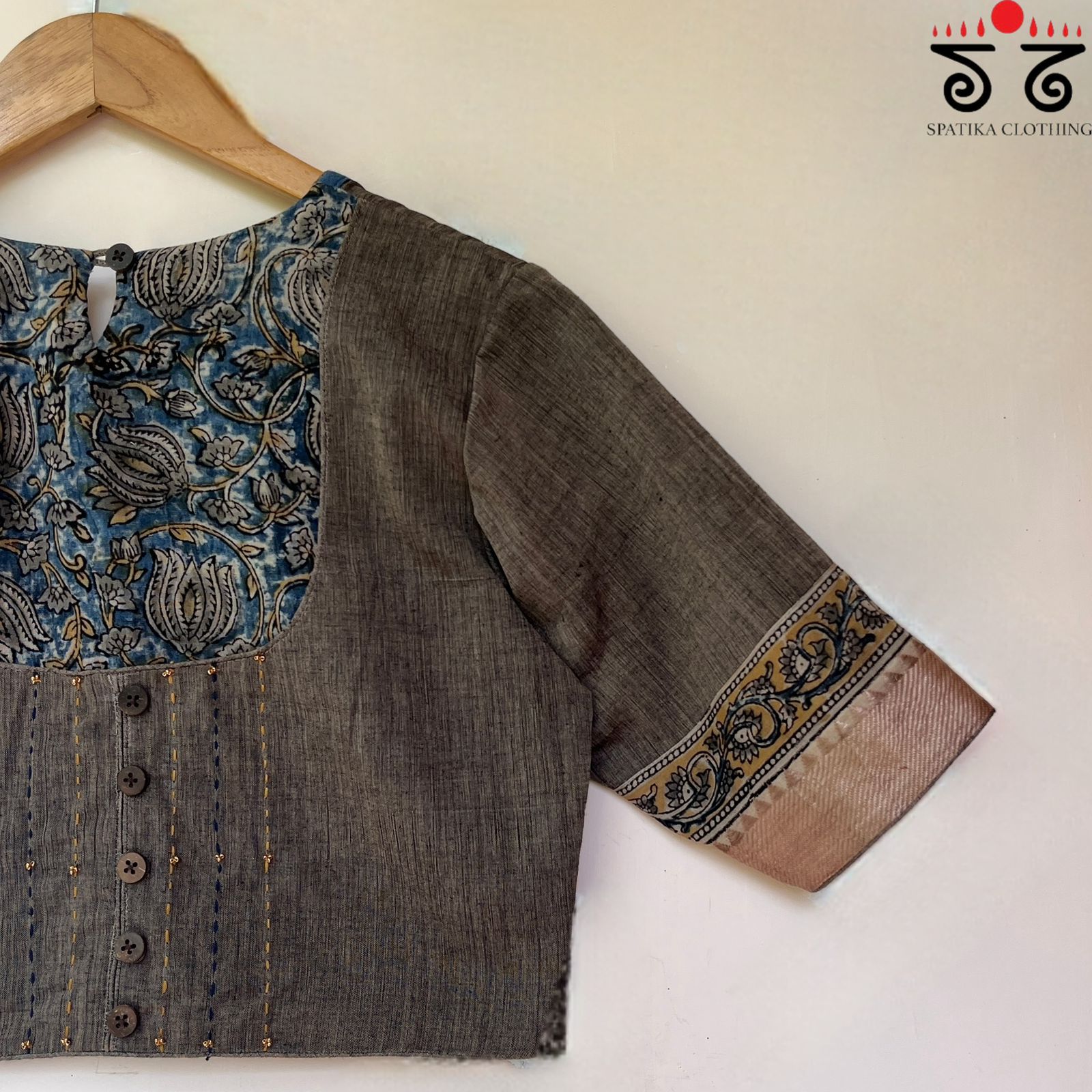 The Kalamkari Grey & Blue Yoke Blouse