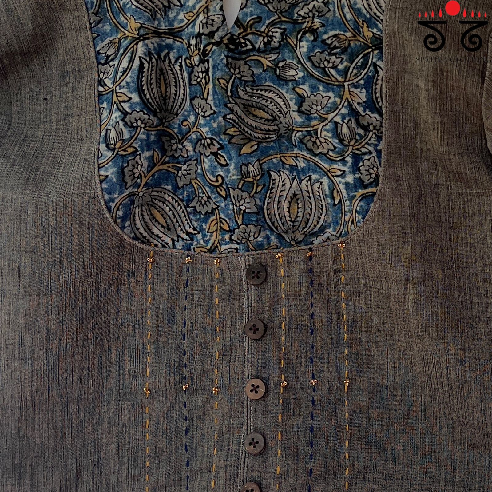 The Kalamkari Grey & Blue Yoke Blouse