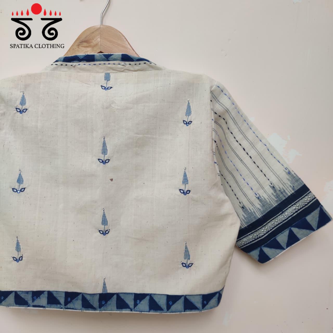 White & Indigo Blue Ponduru Jamdhani Blouse