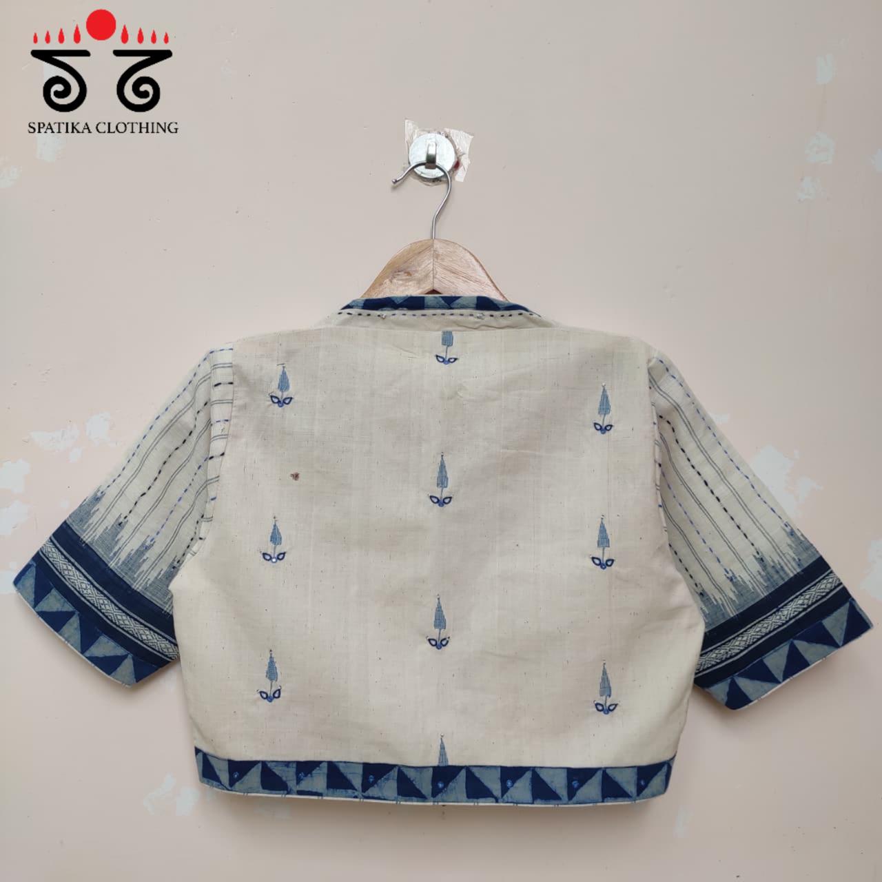 White & Indigo Blue Ponduru Jamdhani Blouse