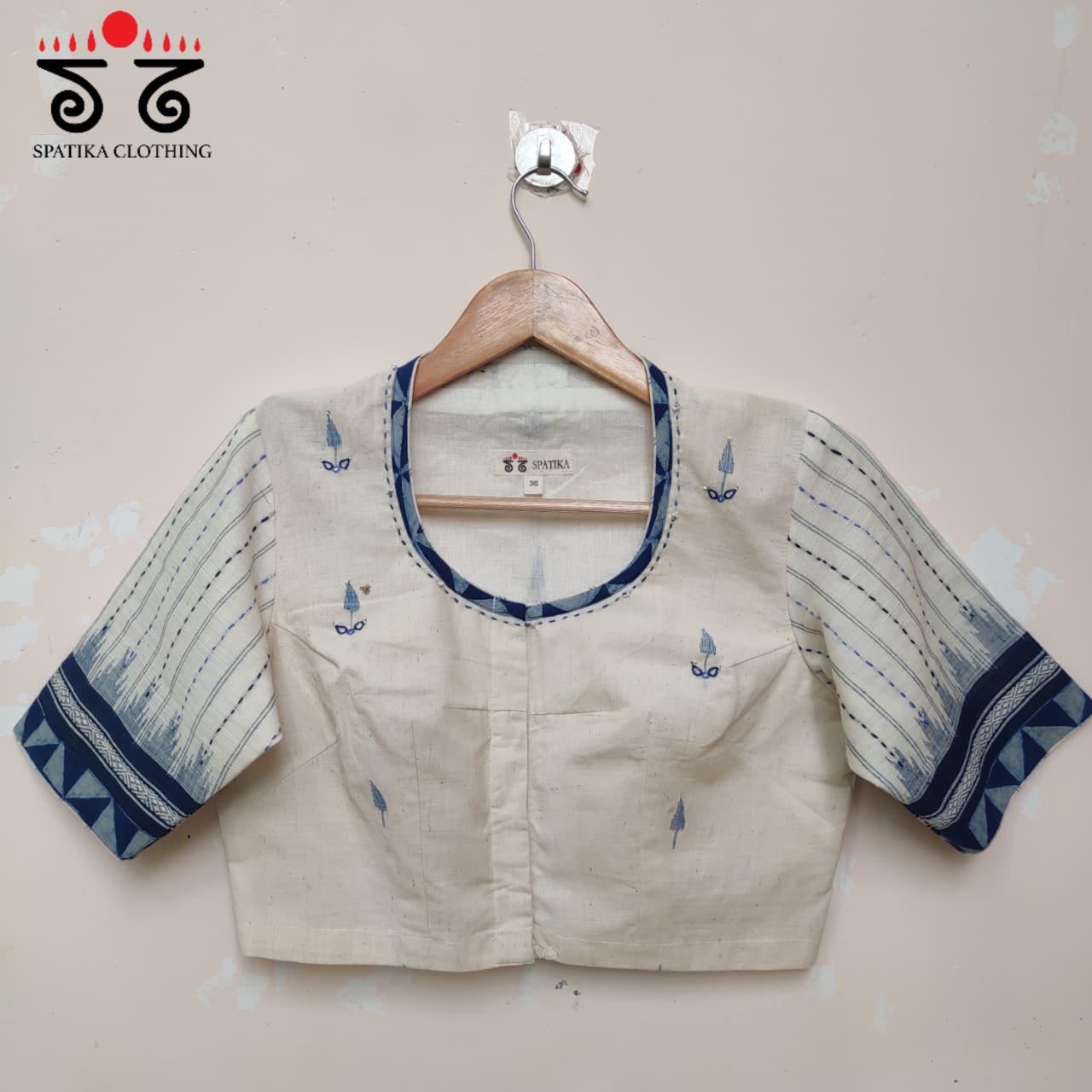 White & Indigo Blue Ponduru Jamdhani Blouse