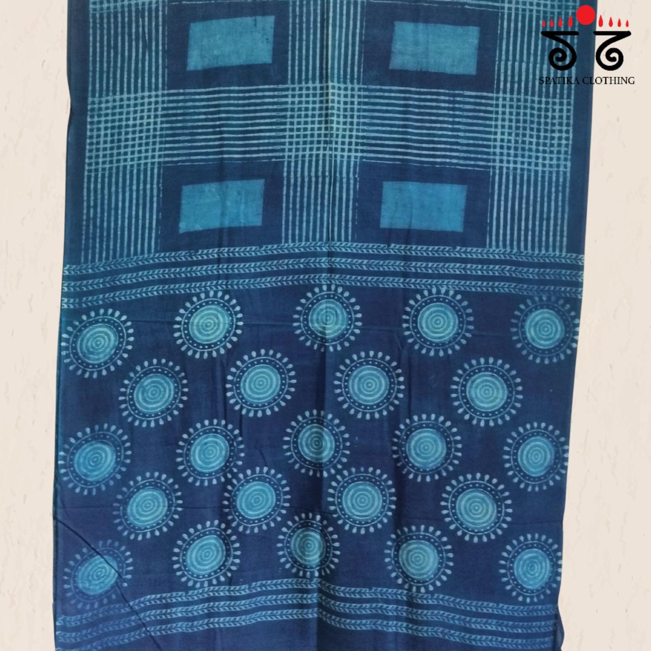 Indigo & White Handblock Printed Mulmul Cotton Saree