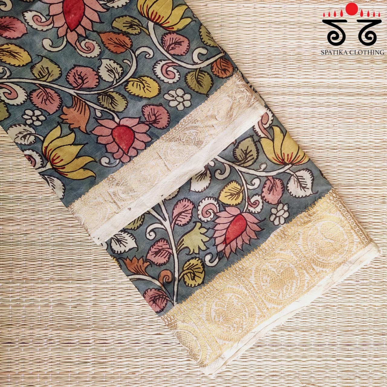 Blue Pen Kalamkari Handpainted Silk Cotton Saree