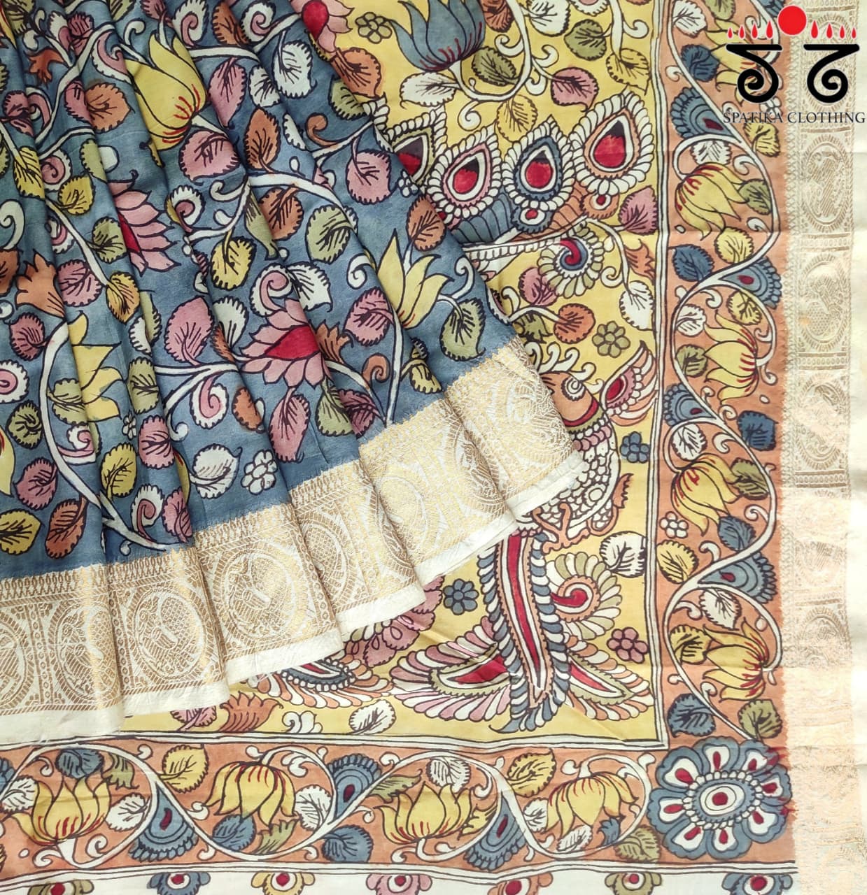 Blue Pen Kalamkari Handpainted Silk Cotton Saree