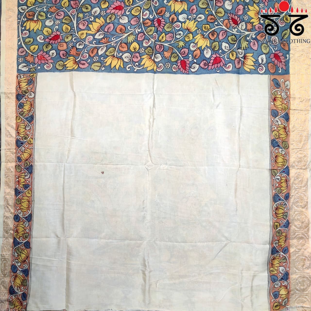 Blue Pen Kalamkari Handpainted Silk Cotton Saree