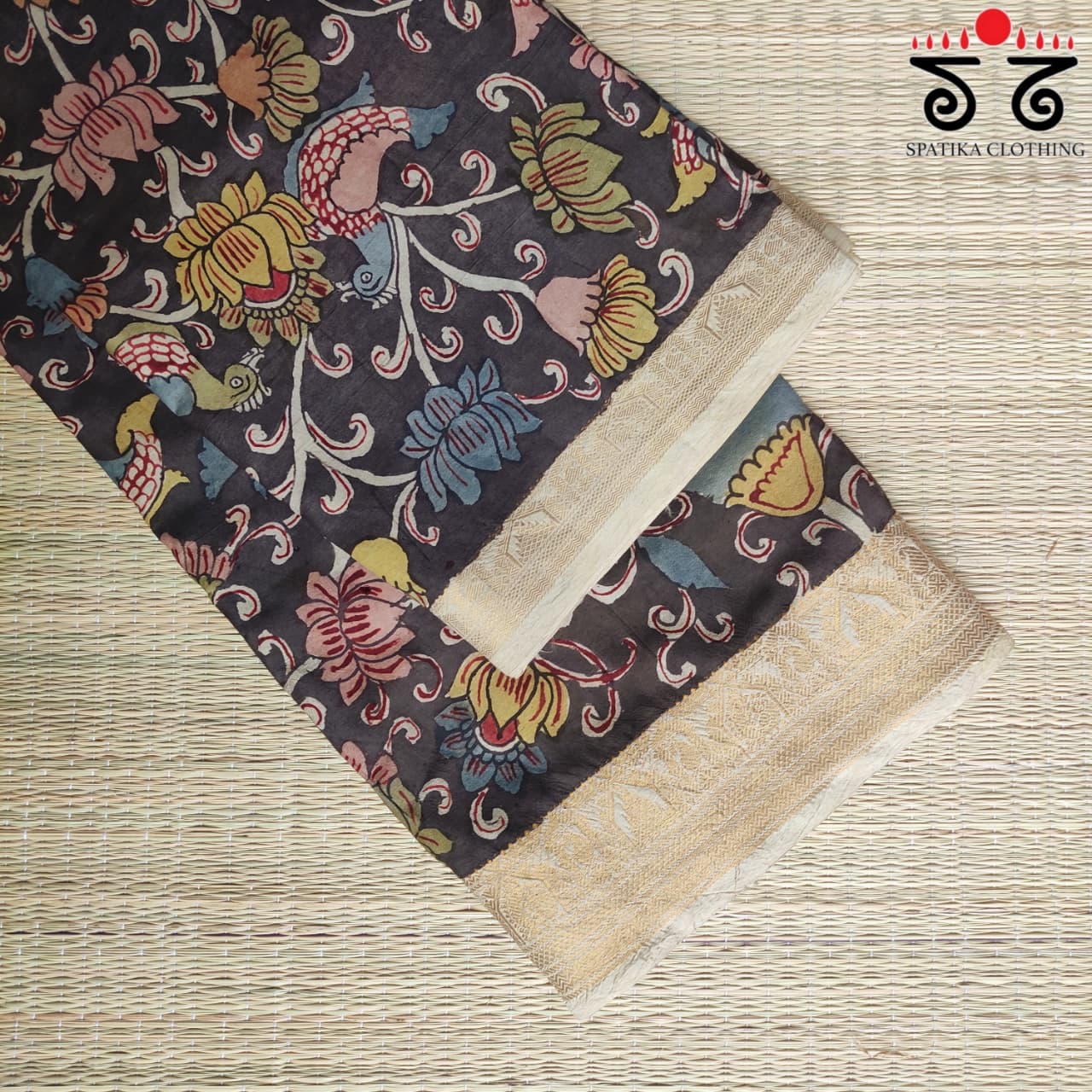 Black Pen Kalamkari Handpainted Silk Cotton Saree