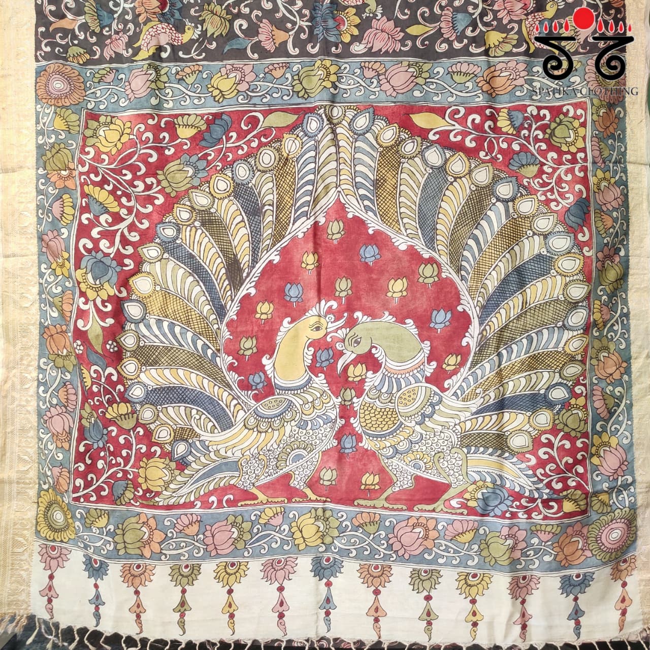 Black Pen Kalamkari Handpainted Silk Cotton Saree