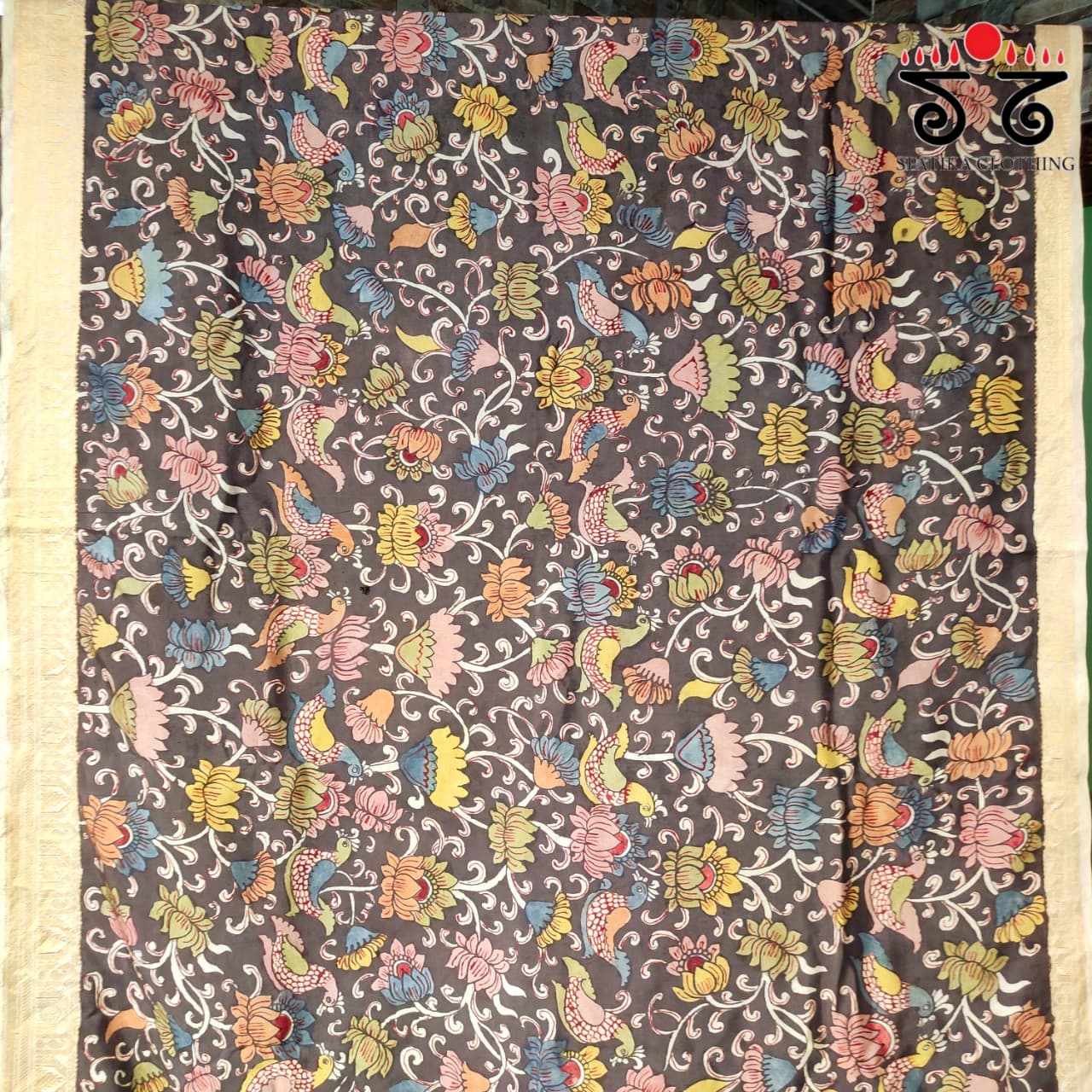 Black Pen Kalamkari Handpainted Silk Cotton Saree