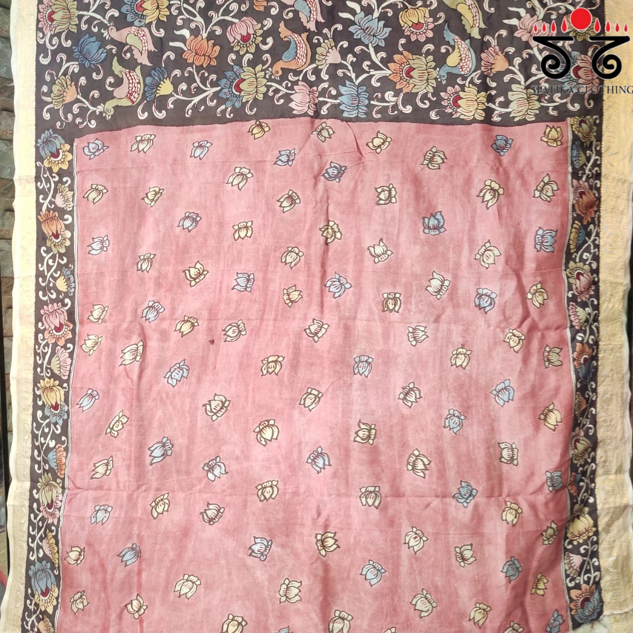 Black Pen Kalamkari Handpainted Silk Cotton Saree