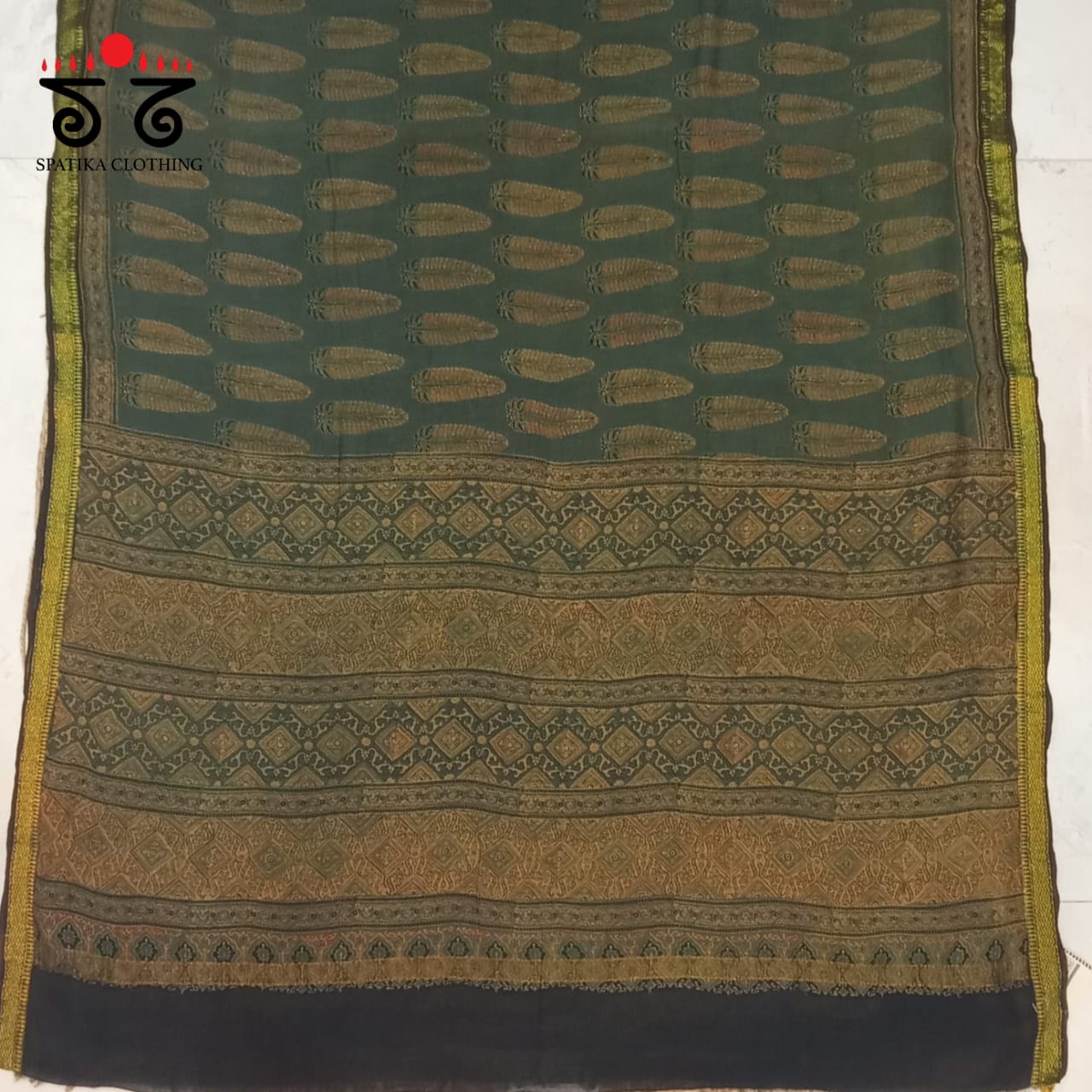 Ajrak Handblock Print on Dark Green Silk Cotton Saree