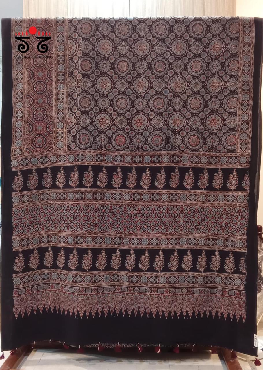 Ajrakh Handblock Print on Black Mulmul Cotton Saree