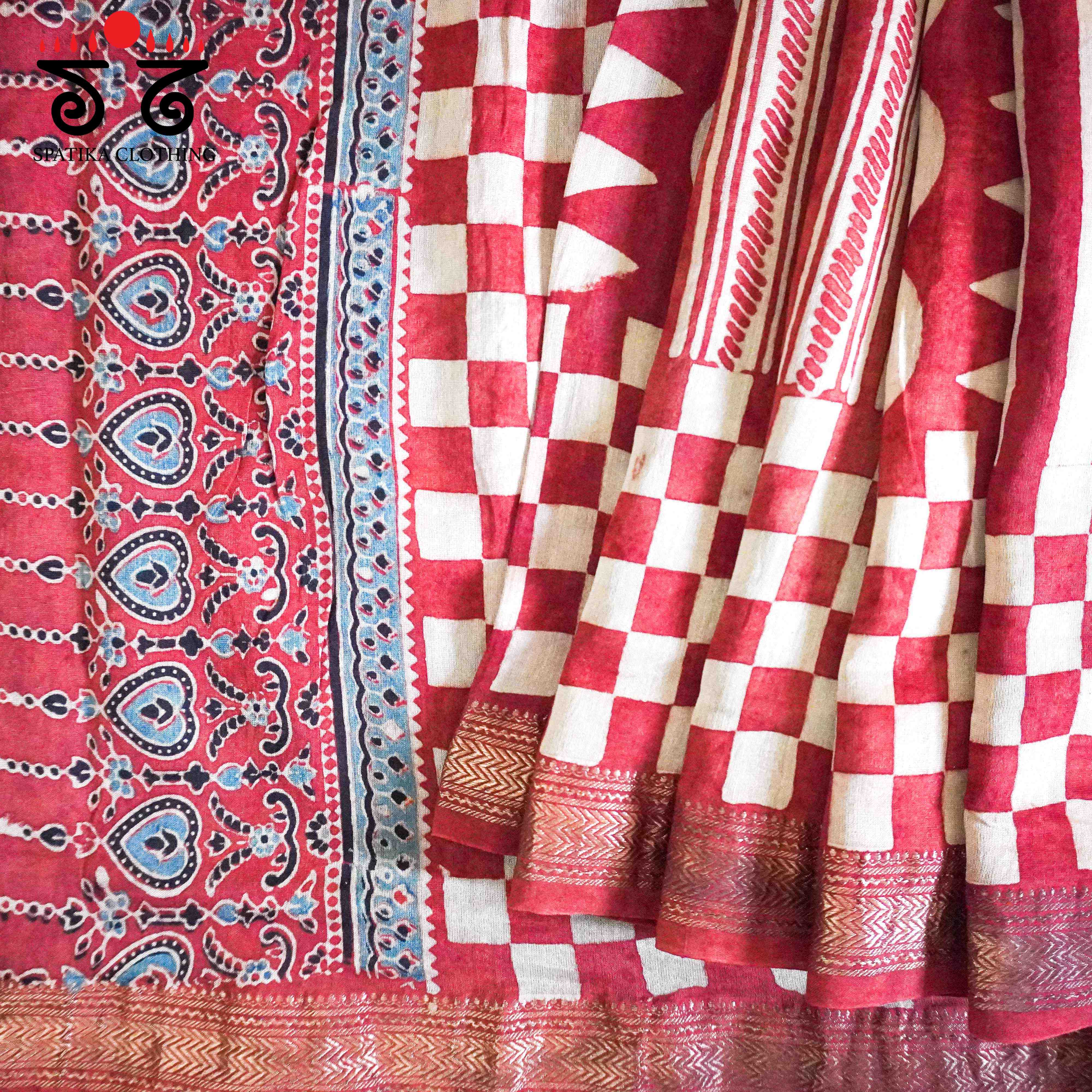 Red Ajrak Maheshwari Silk Cotton Saree