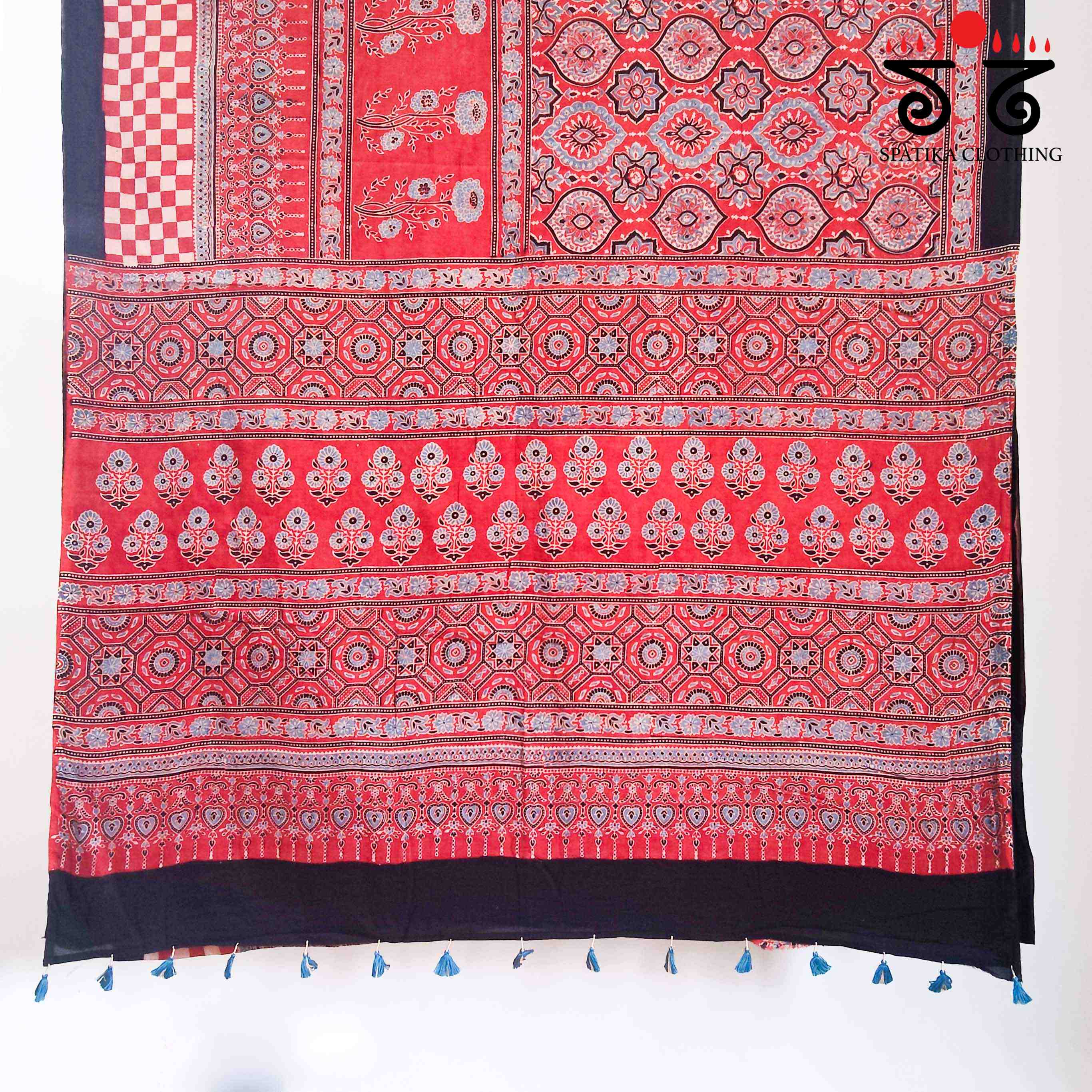 Ajrakh Handblock Print on Red Mulmul Cotton Saree