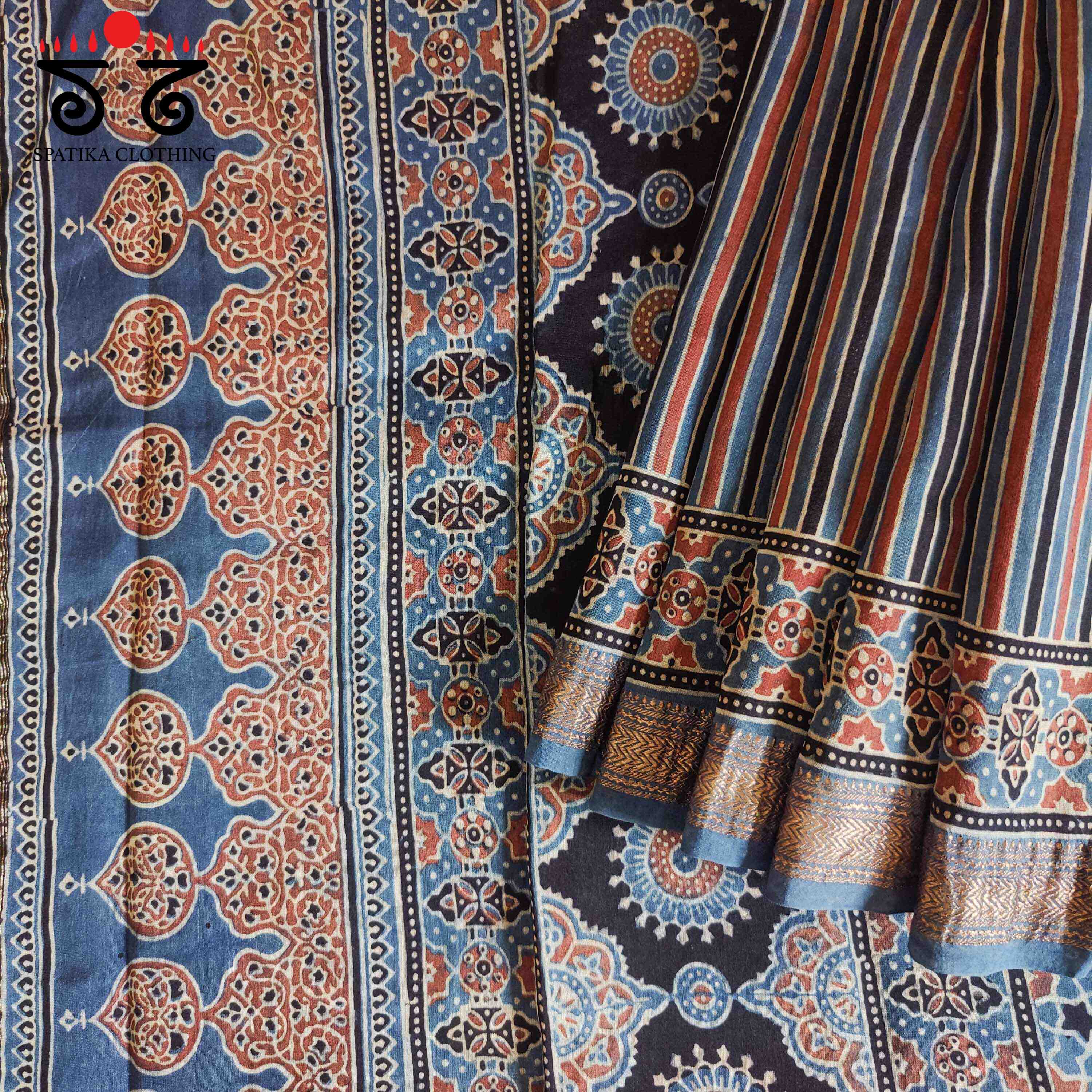 Blue Ajrak Maheshwari Silk Cotton Saree