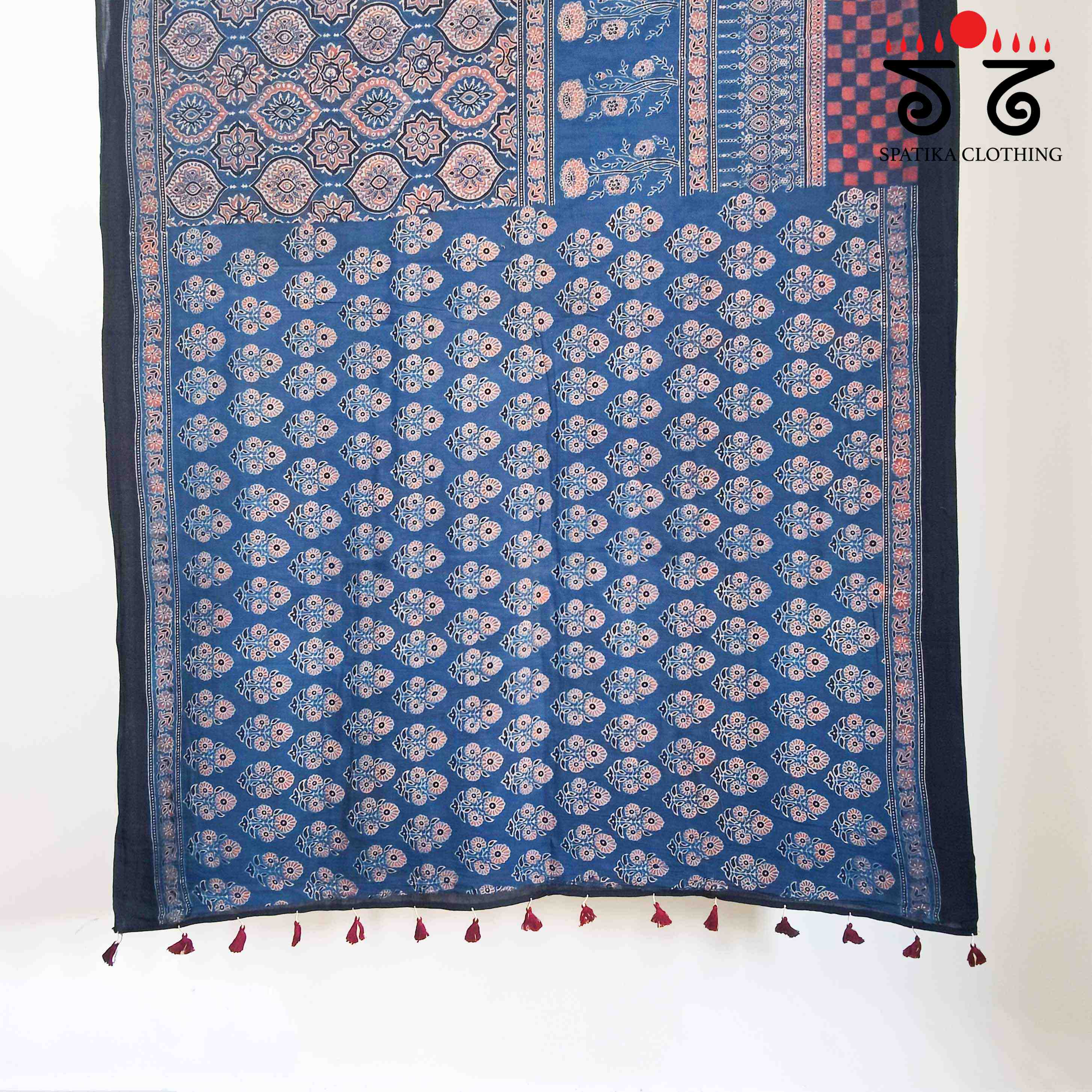 Ajrakh Handblock Print on Blue Mulmul Cotton Saree