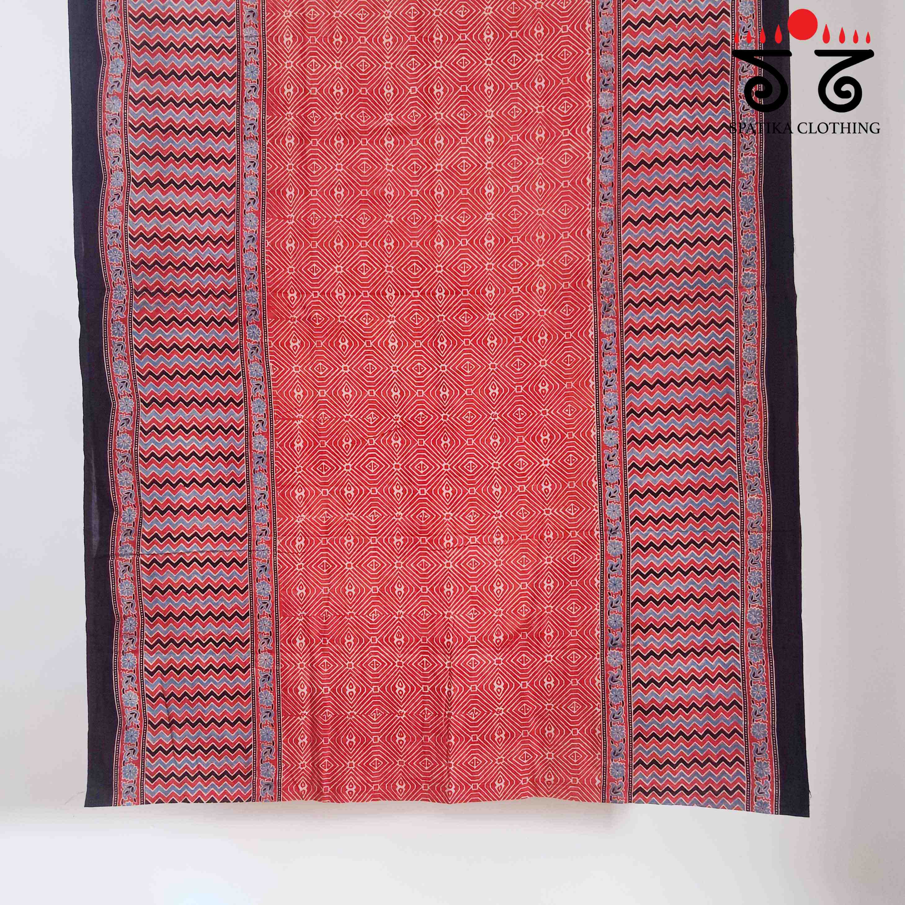 Ajrakh Handblock Print on Red Mulmul Cotton Saree