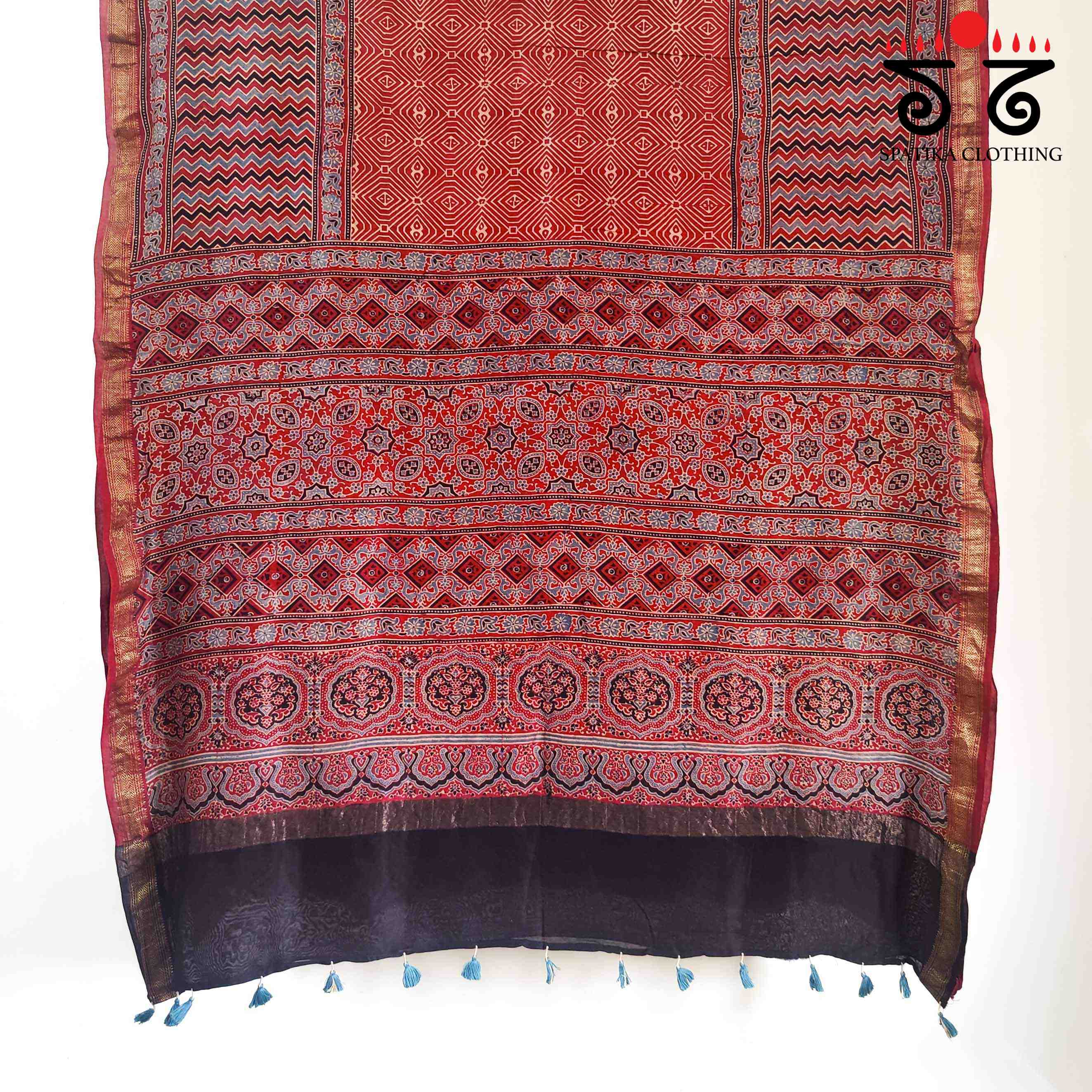 Red Ajrak Maheshwari Silk Cotton Saree