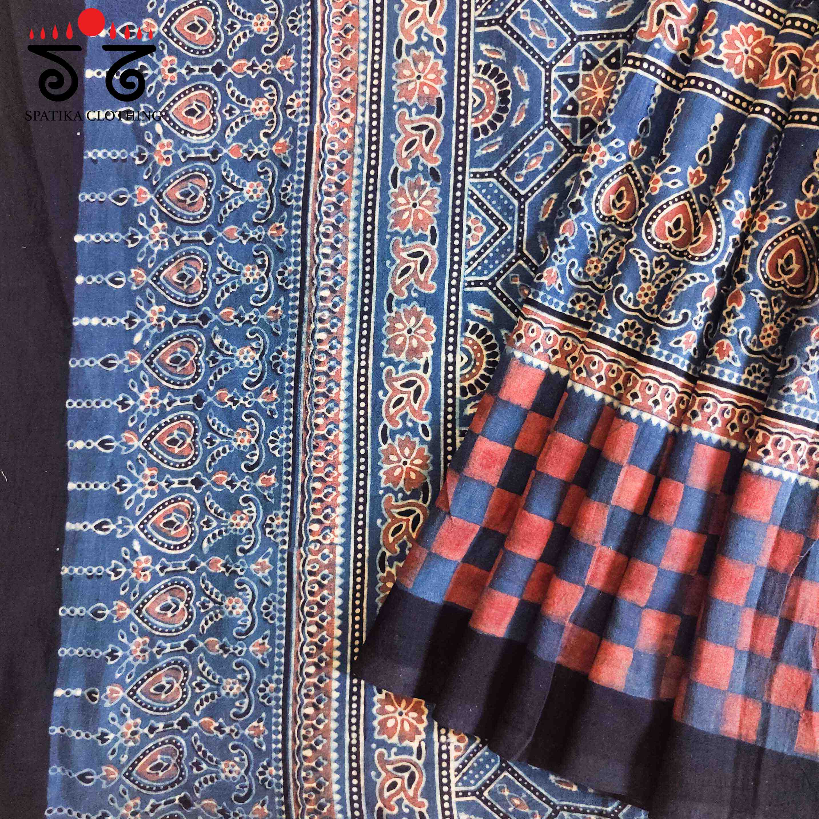 Ajrakh Handblock Print on Blue Mulmul Cotton Saree