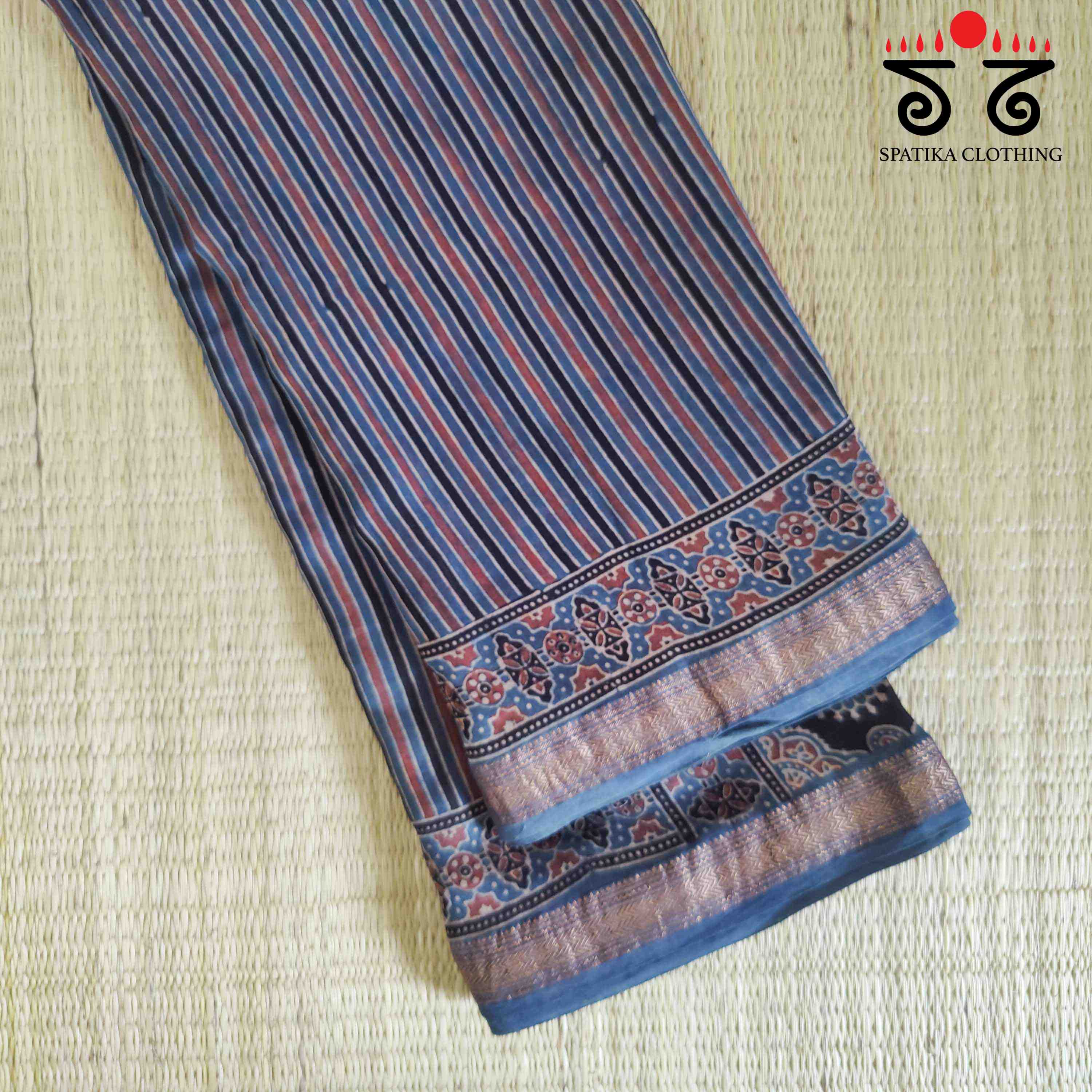 Blue Ajrak Maheshwari Silk Cotton Saree
