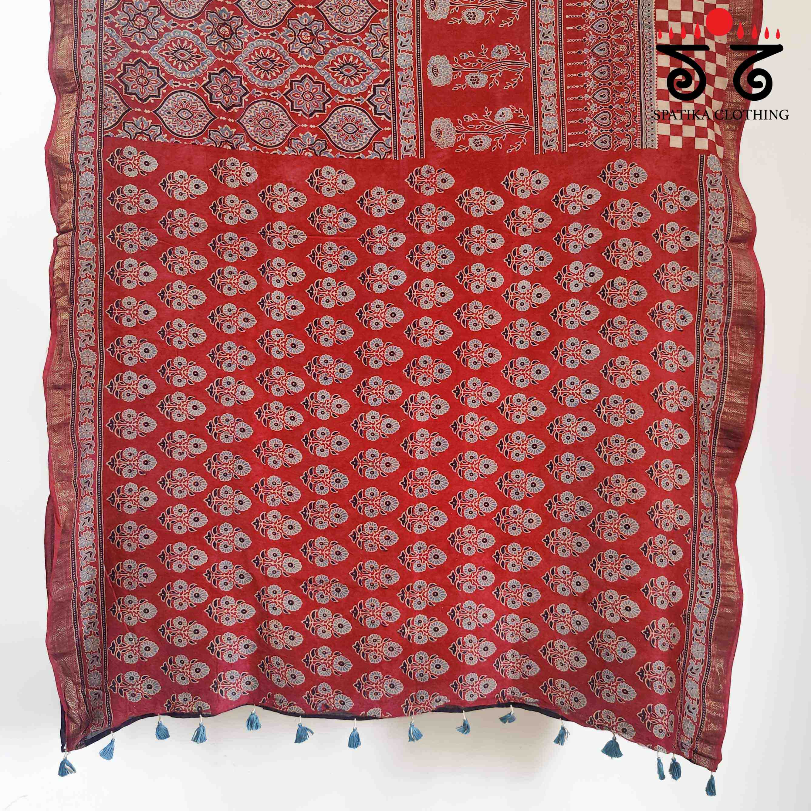 Red Ajrak Maheshwari Silk Cotton Saree