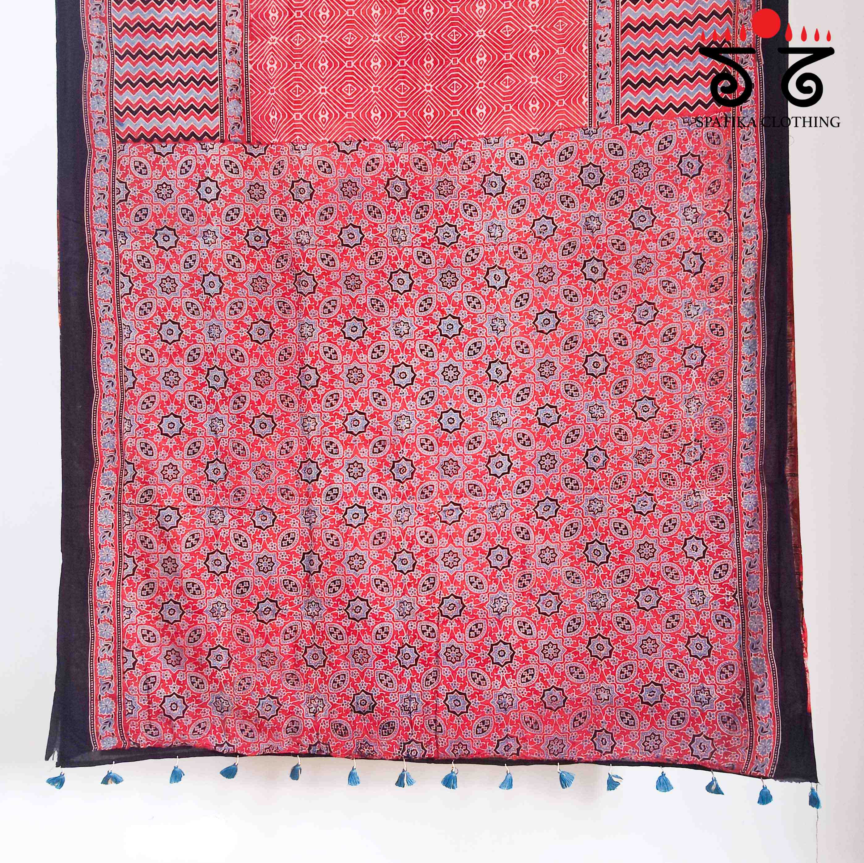 Ajrakh Handblock Print on Red Mulmul Cotton Saree