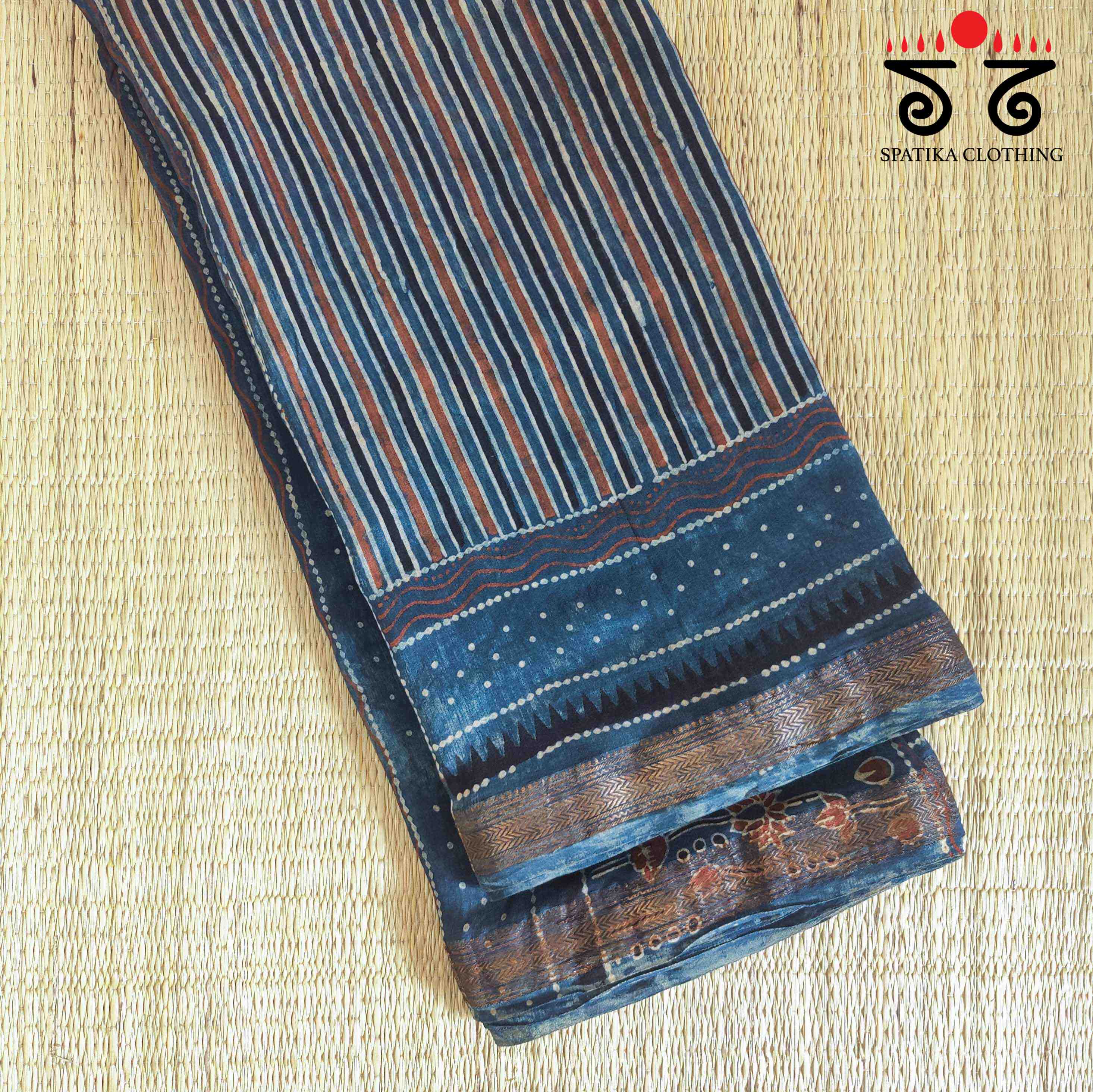 Blue Ajrak Maheshwari Silk Cotton Saree