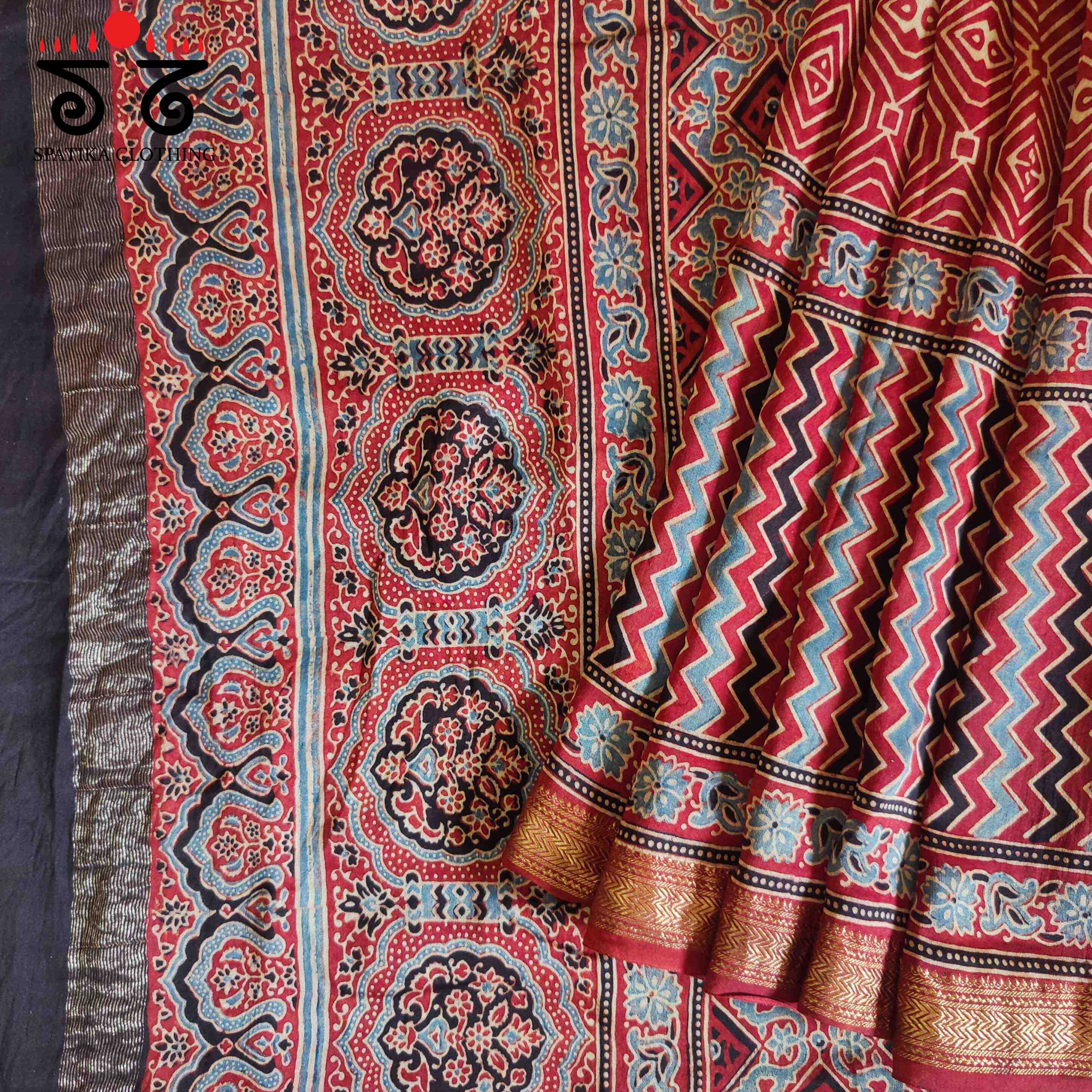 Red Ajrak Maheshwari Silk Cotton Saree
