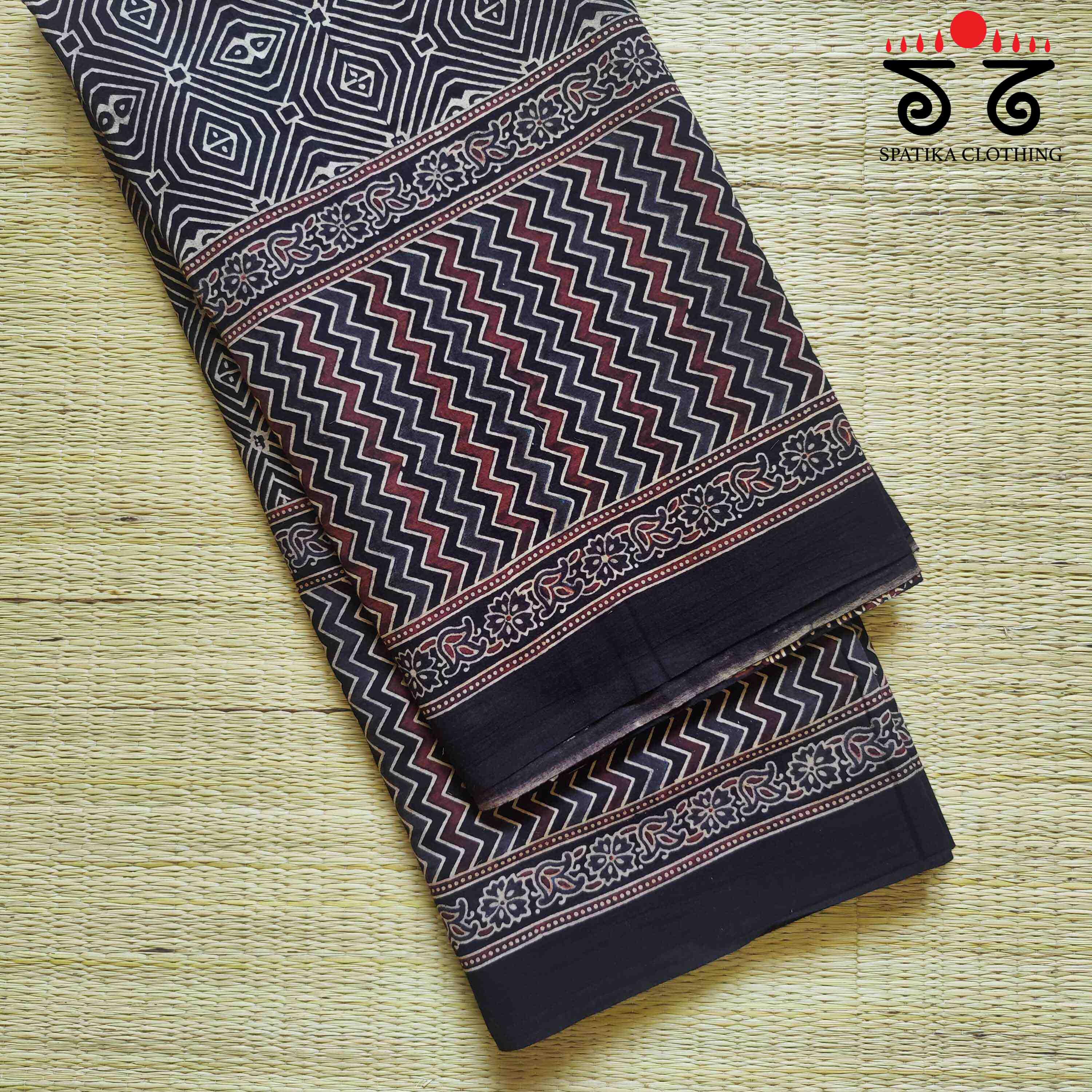 Ajrakh Handblock Print on Black Mulmul Cotton Saree