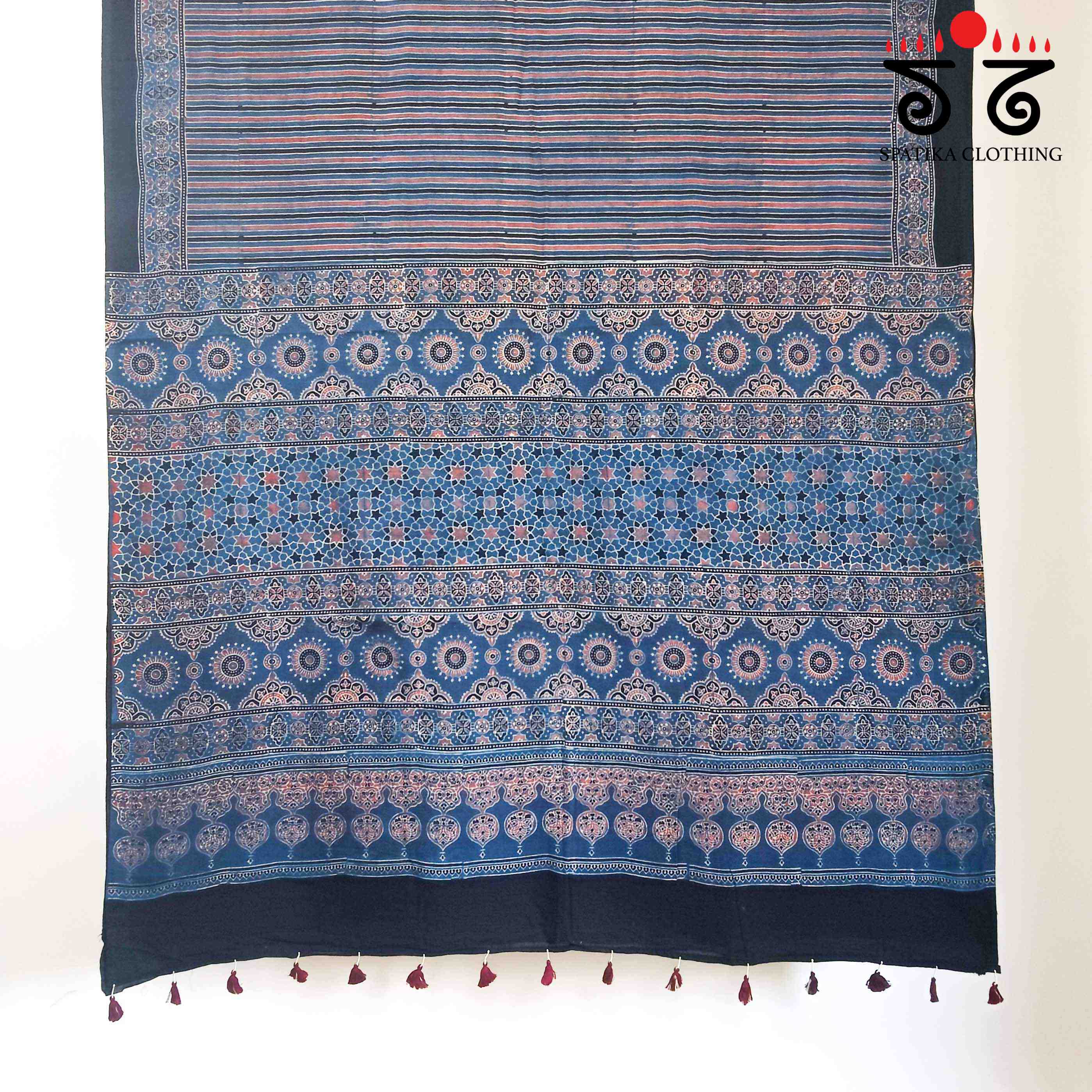 Ajrakh Handblock Print on Blue Mulmul Cotton Saree
