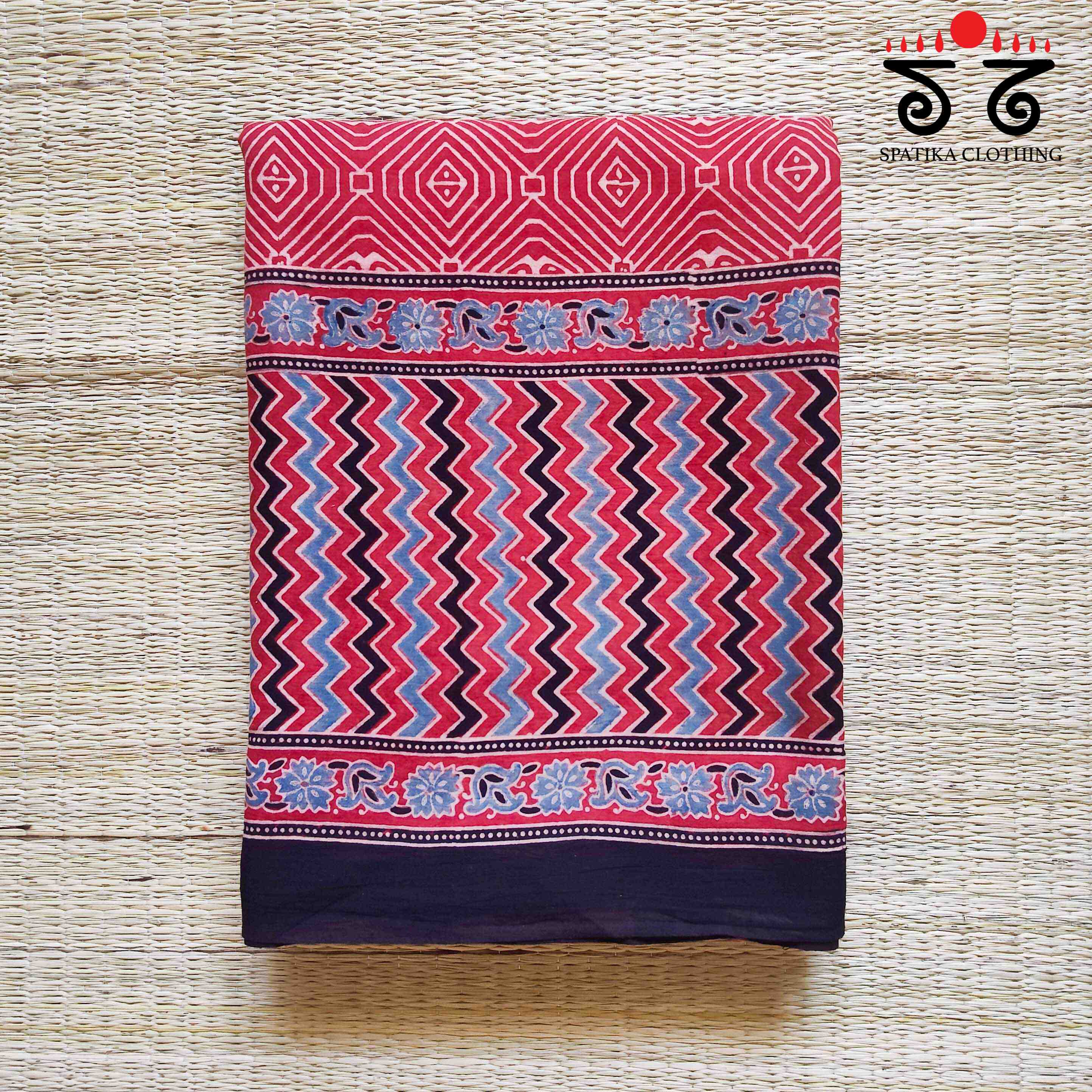 Ajrakh Handblock Print on Red Mulmul Cotton Saree