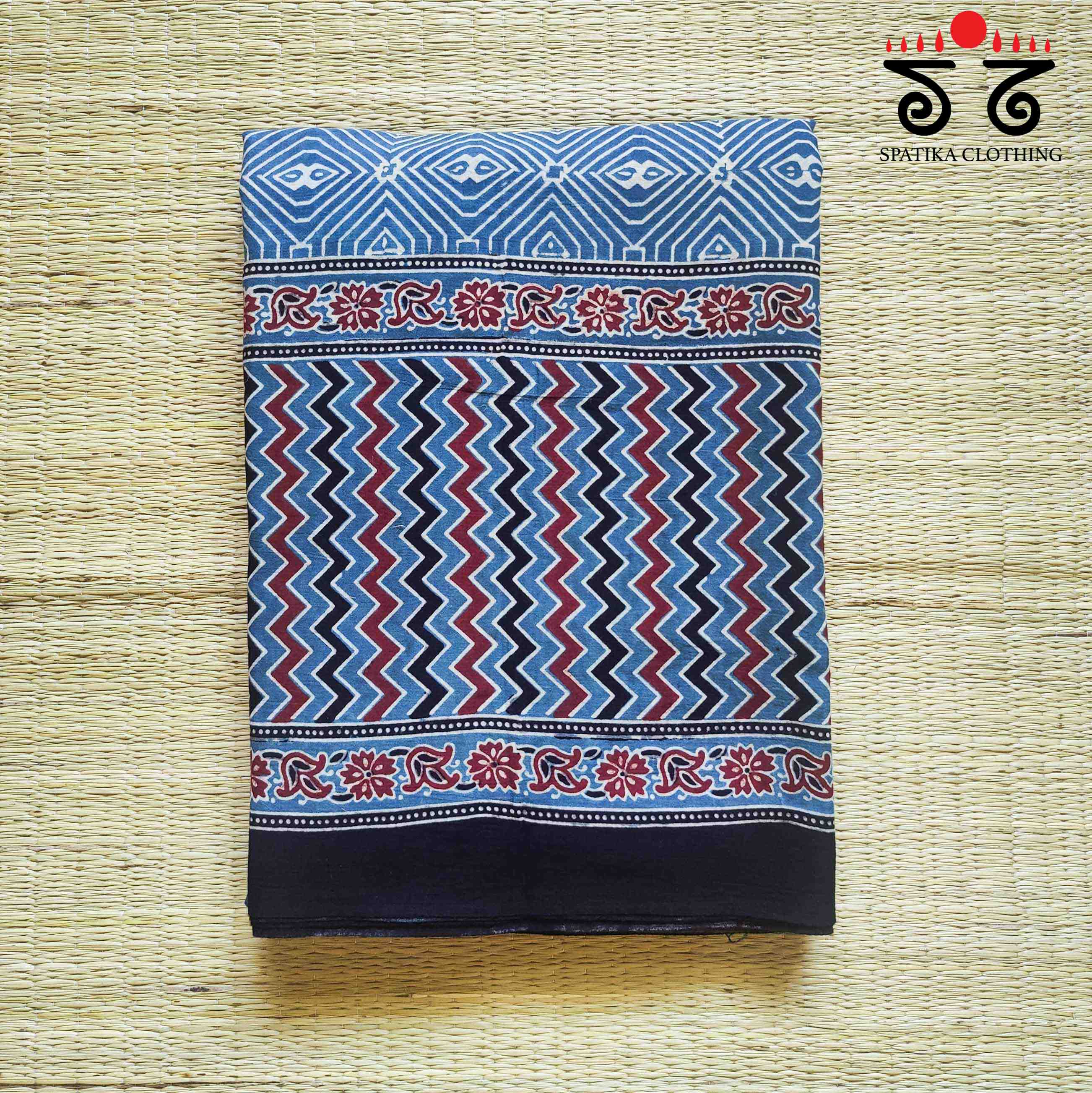 Ajrakh Handblock Print on Blue Mulmul Cotton Saree