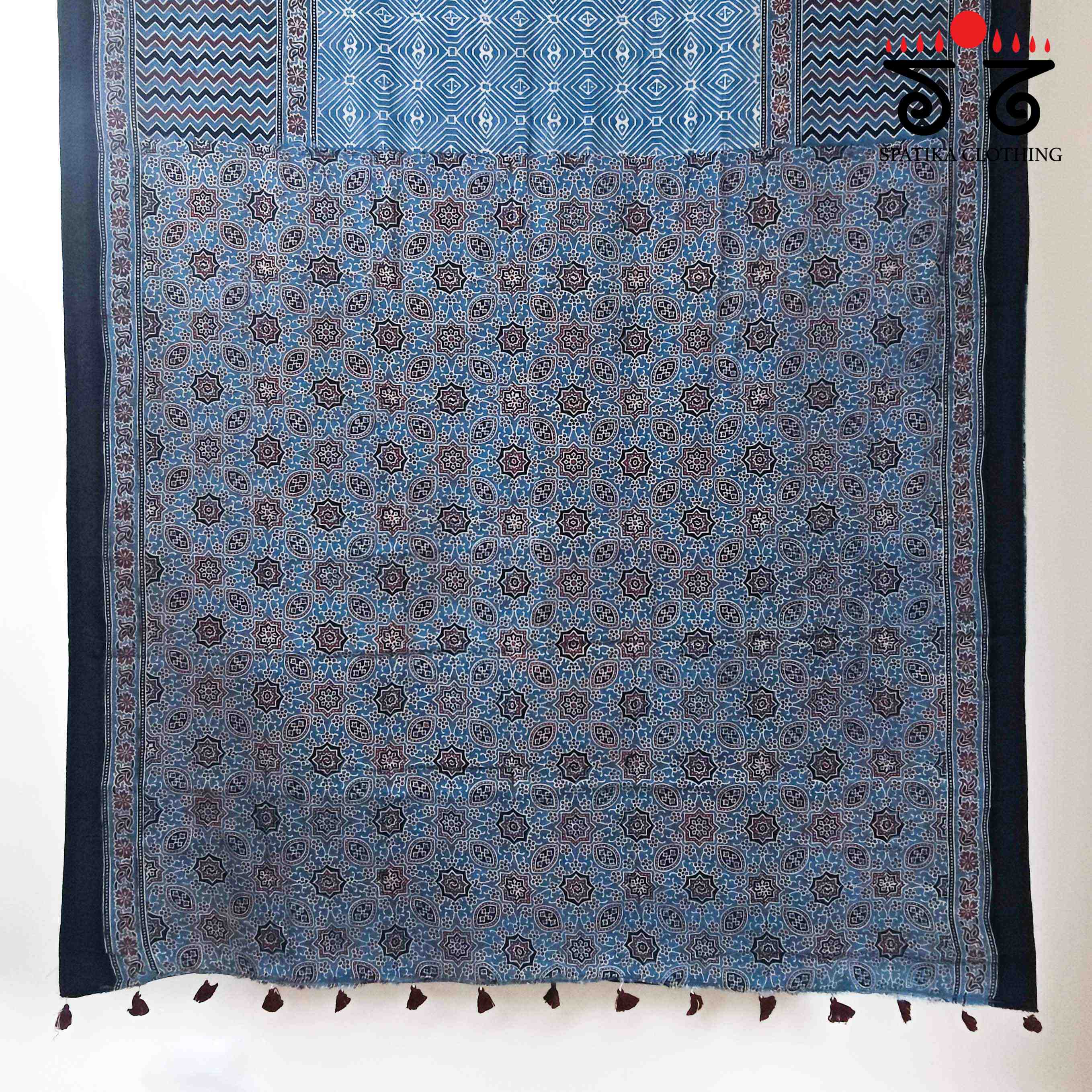 Ajrakh Handblock Print on Blue Mulmul Cotton Saree
