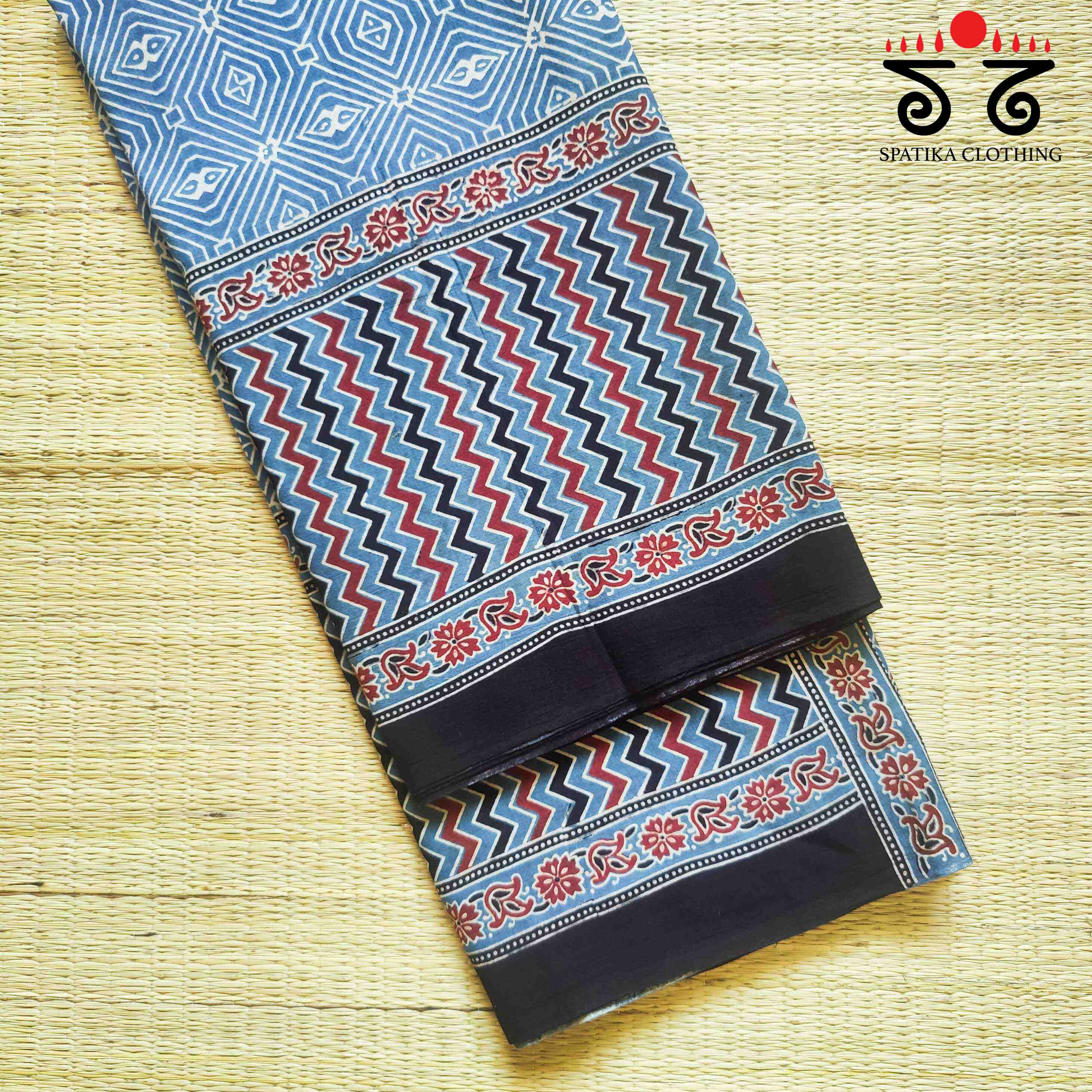 Ajrakh Handblock Print on Blue Mulmul Cotton Saree