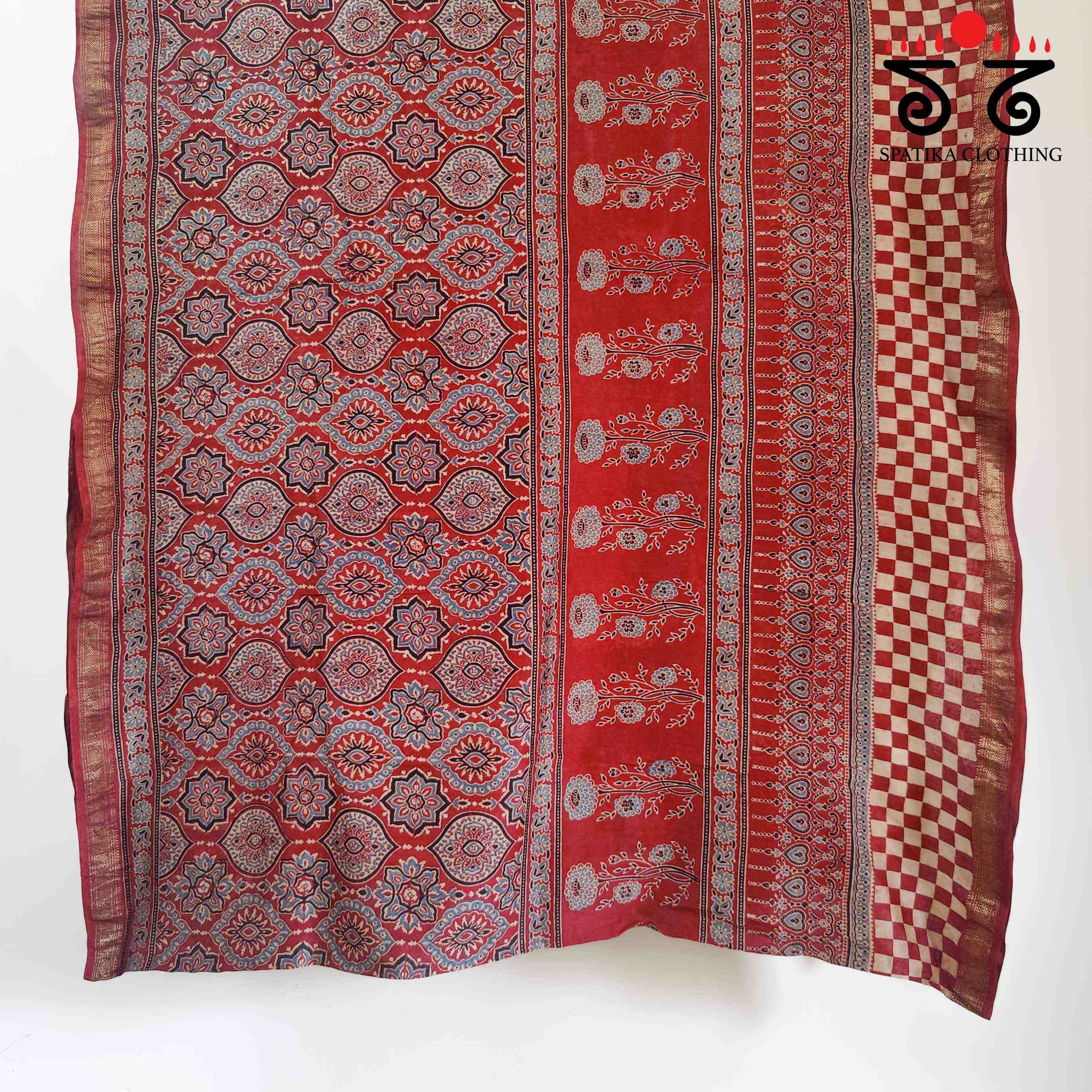 Red Ajrak Maheshwari Silk Cotton Saree