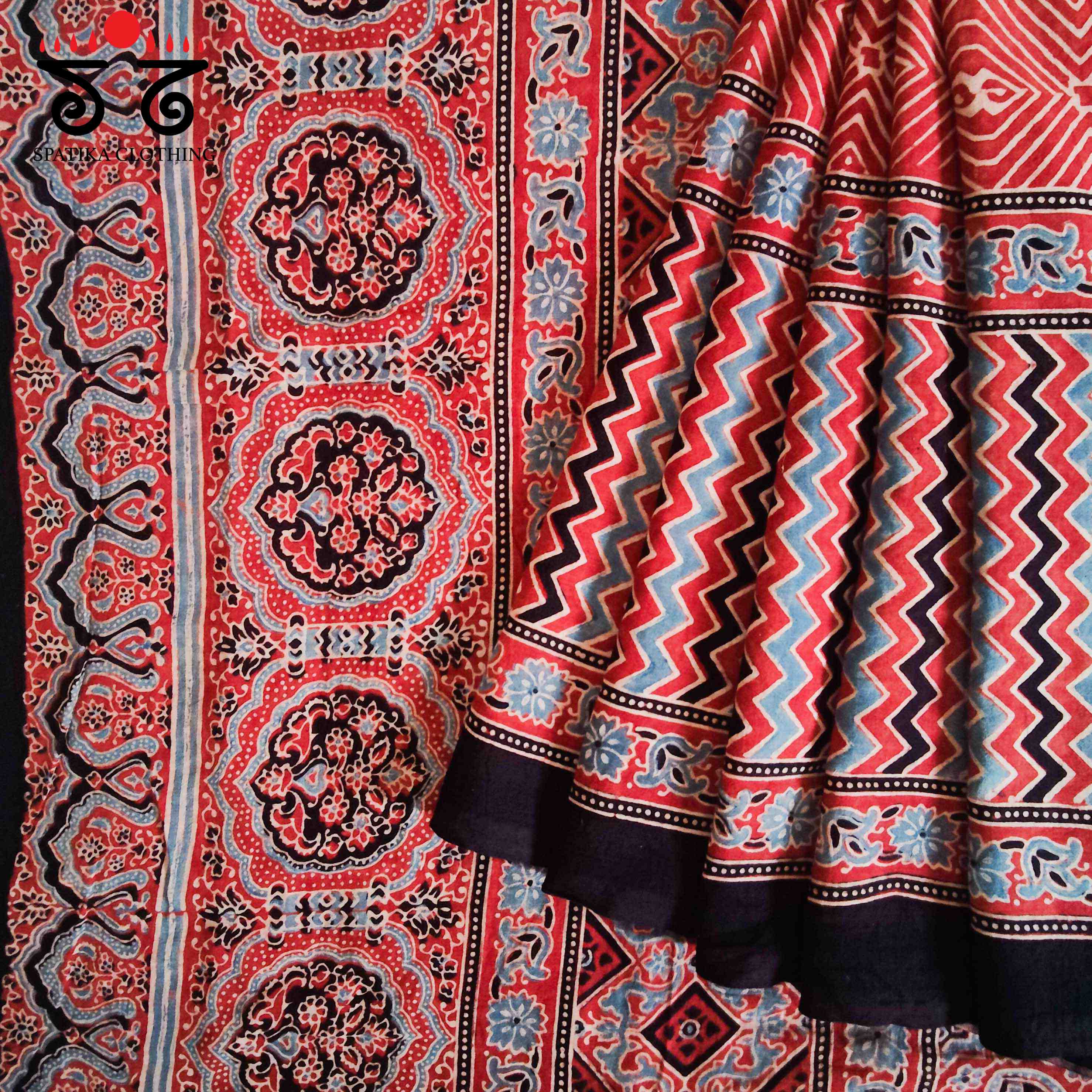 Ajrakh Handblock Print on Red Mulmul Cotton Saree